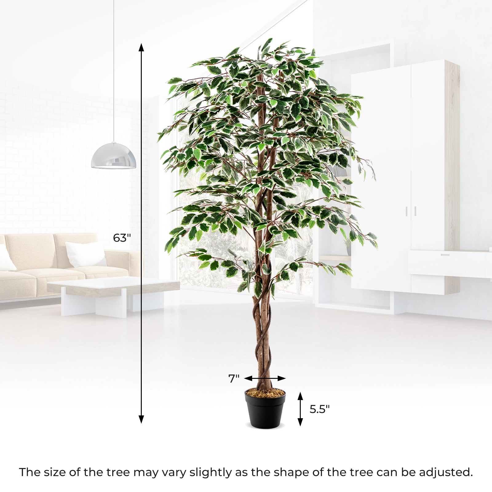 SUGIFT 65-in Tall Artificial Ficus Tree with 1008 White-Edged Leaves Solid Wood Trunk and Dried Moss