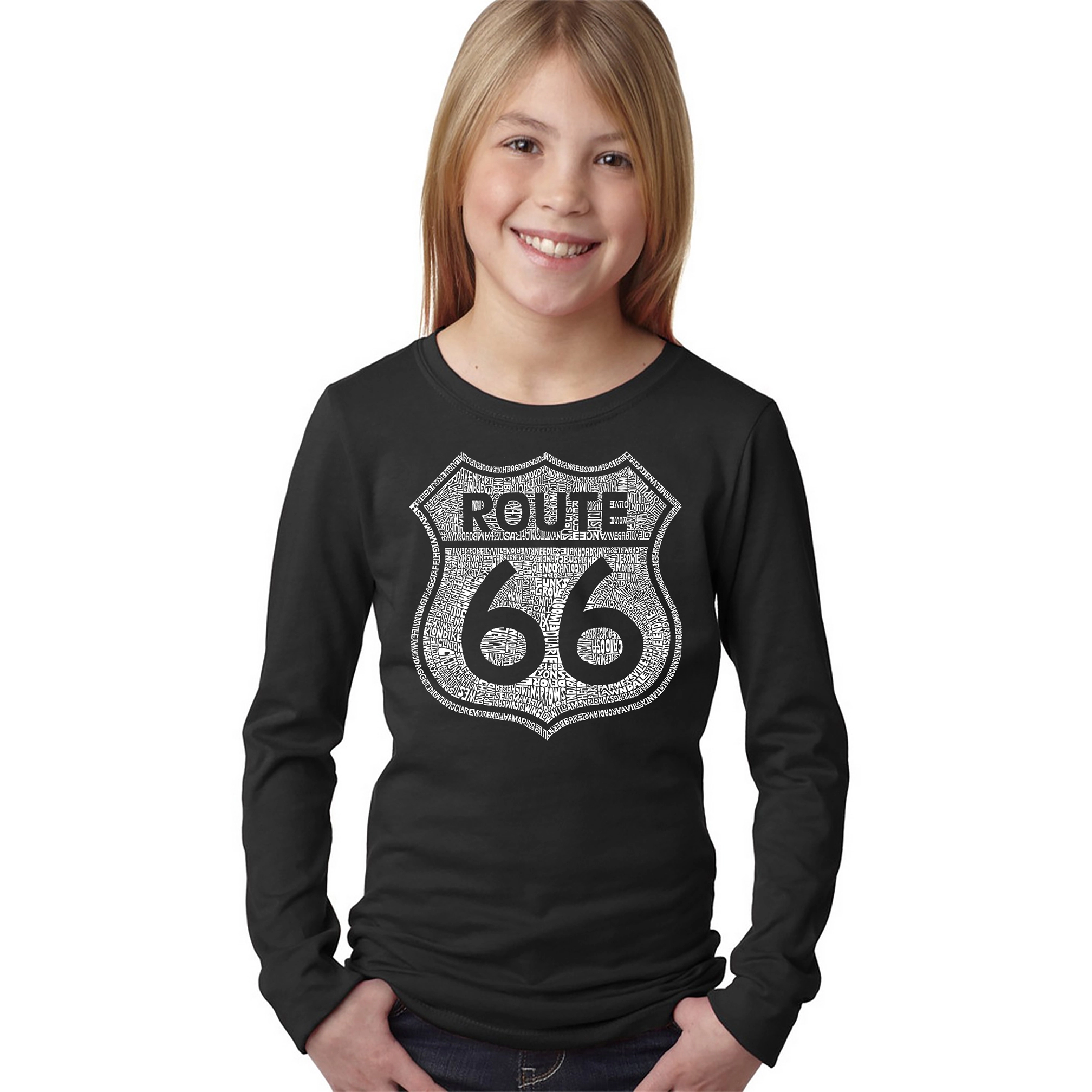 LA Pop Art Girls Long Sleeve Word T-Shirt - CITIES ALONG THE LEGENDARY ROUTE 66
