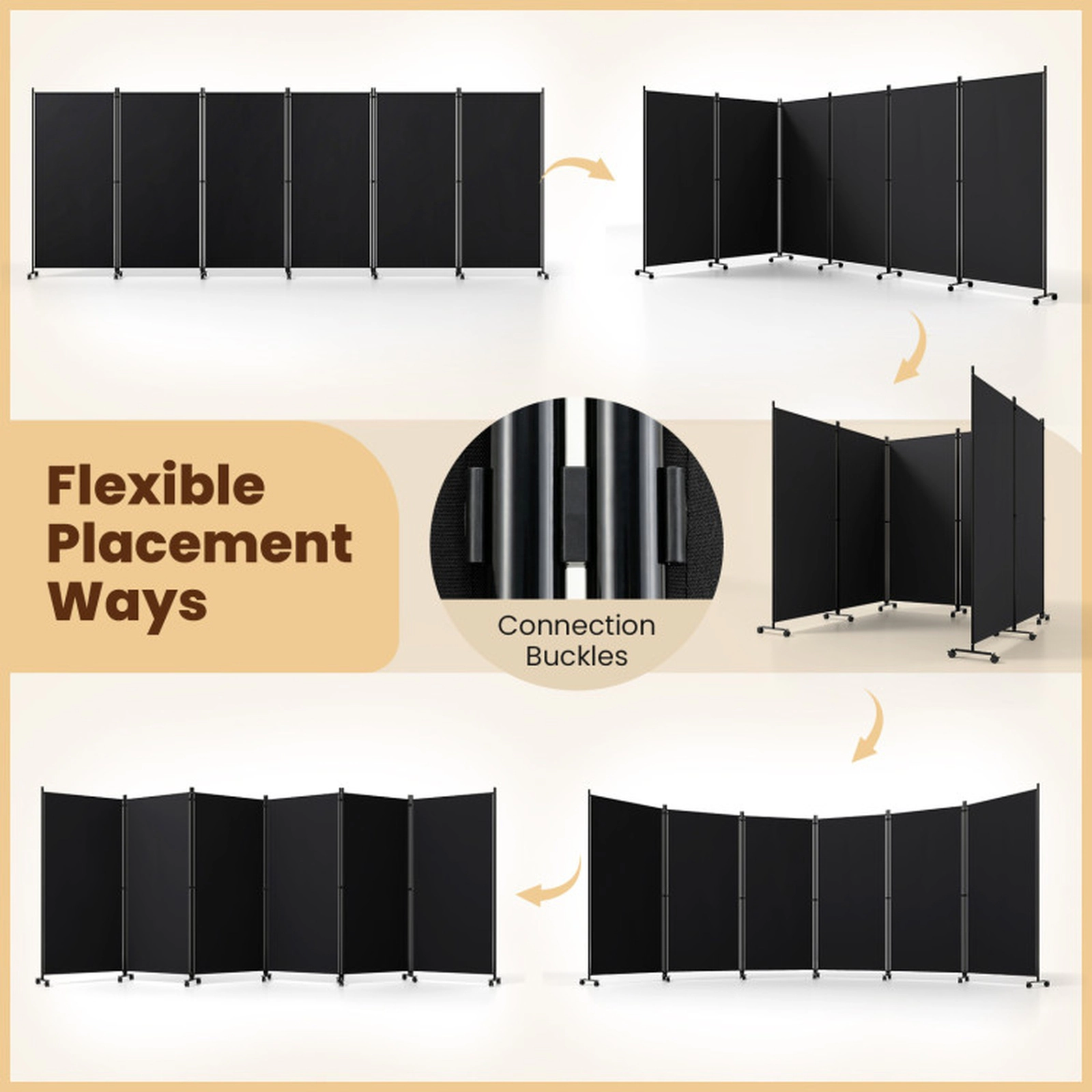 SUGIFT 6-Panel Folding Privacy Screen Room Divider with Wheels 71.5-in Tall 205-in Wide Polyester Fabric Black Coffee