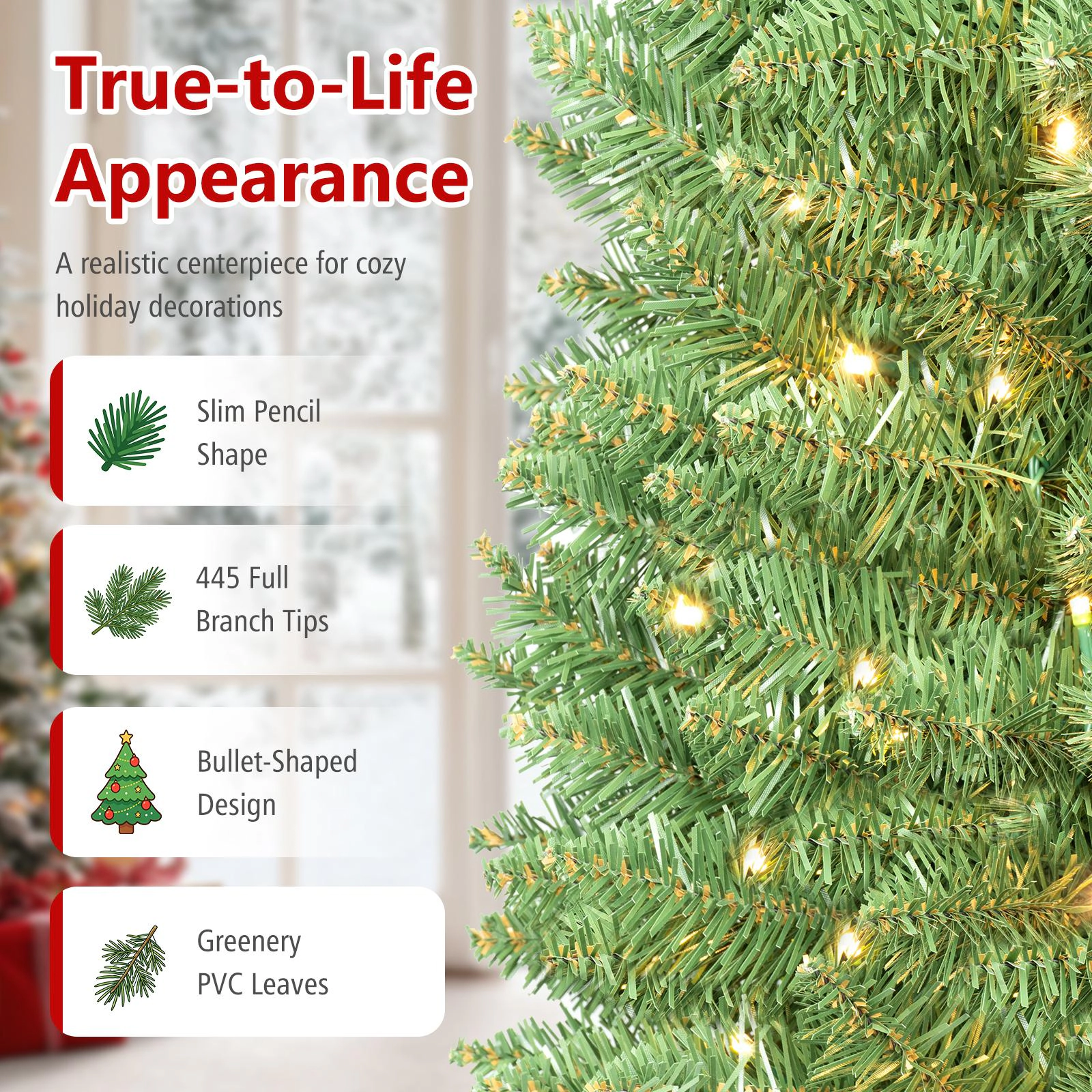 Costway 7 FT Pre-Lit Pencil Christmas Tree with 200 LED Lights & 499 Branch Tips Party