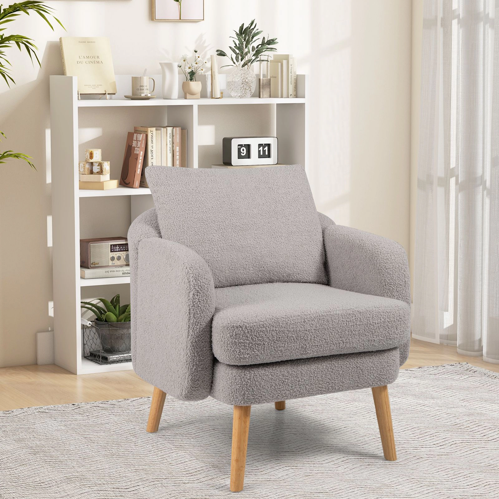 SlickBlue  Upholstered Sherpa Armchair with Pillow & Rubber Wood Legs