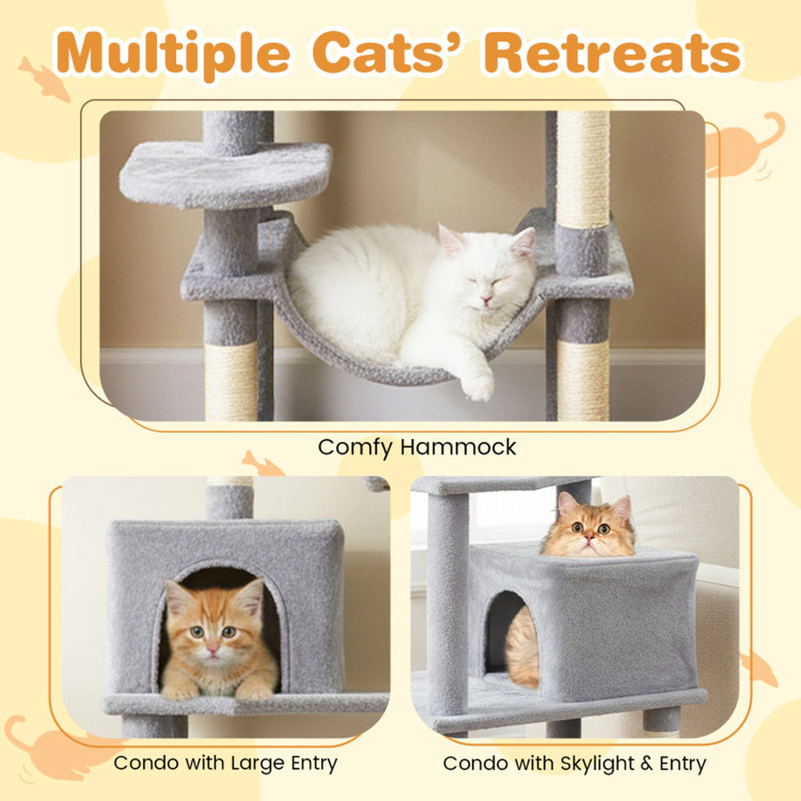 SUGIFT 58-in Gray Multi-Level Modern Cat Tree Tower with 2 Wide-Entry Condos Basket Hammock and Perch