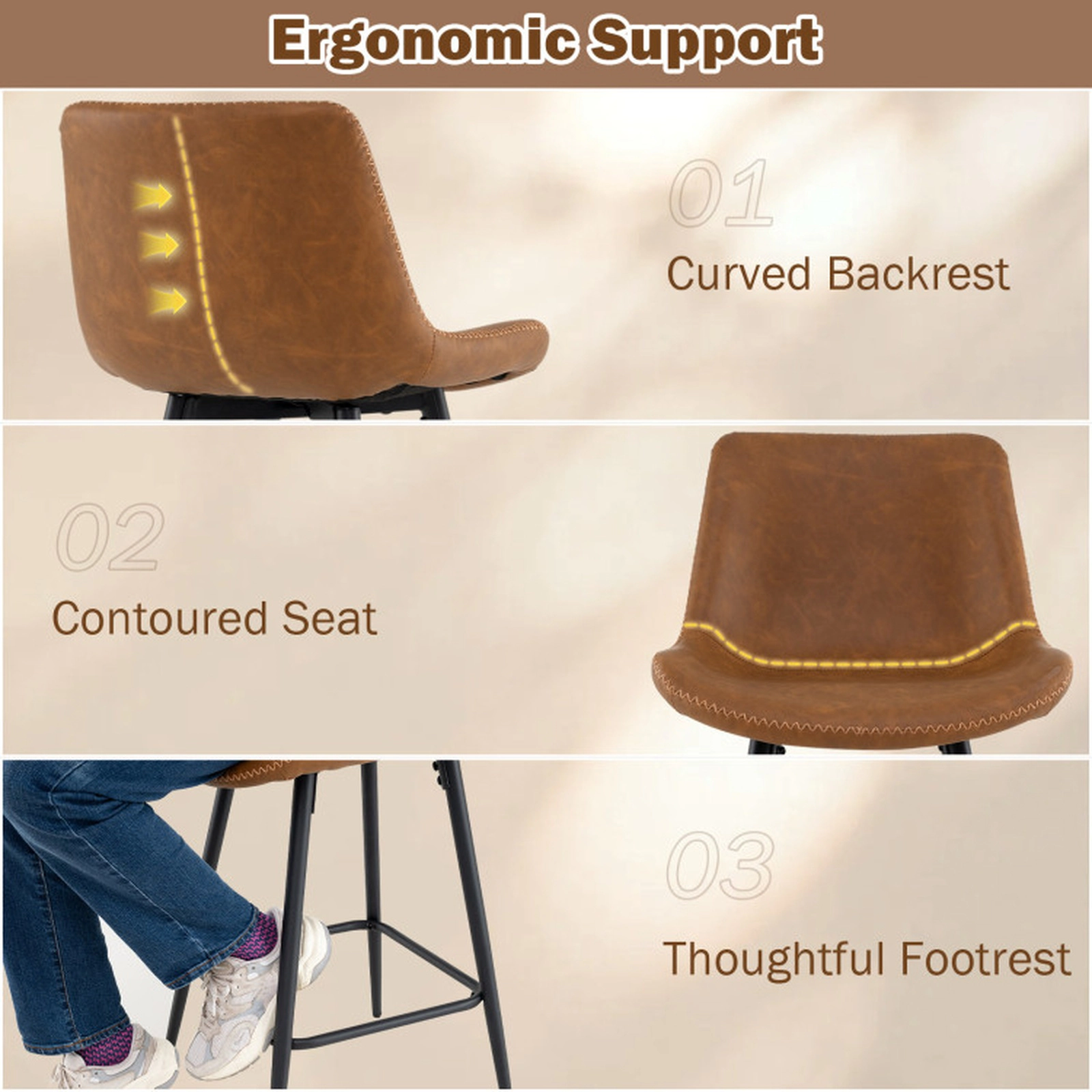 SUGIFT Brown Curved Backs Faux Leather Seats and Footrests Set of 4 24 Inch Bar Stool