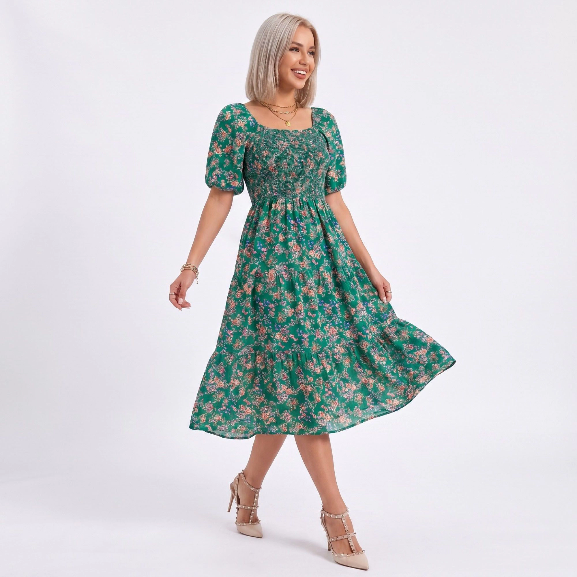 Anna-Kaci Women's Floral Square Neck Smocked Bodice Tiered Midi Dress