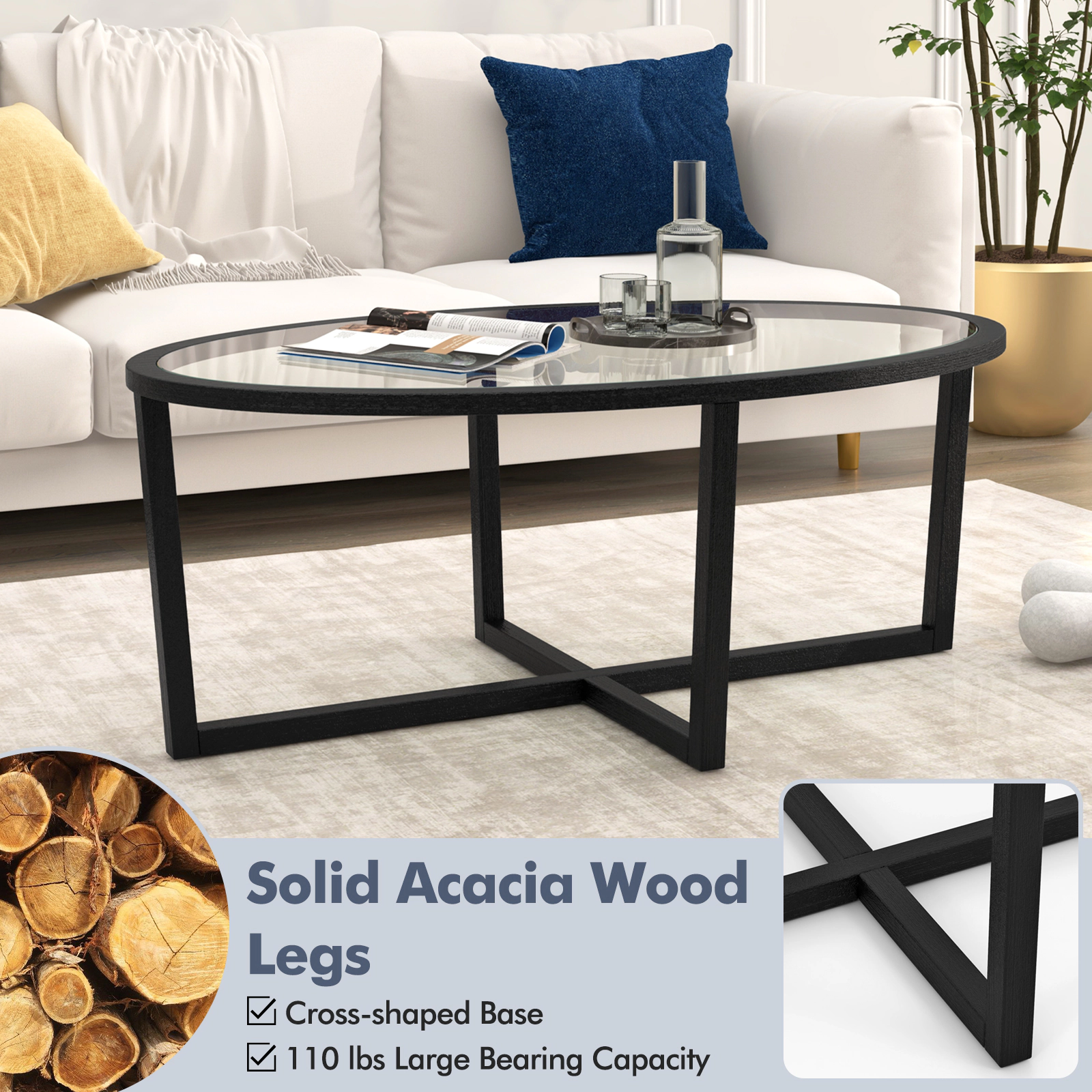 SUGIFT 46.5-in Oval 110-lb Capacity Black Glass Coffee Table with Cross Base and Acacia Wood Legs