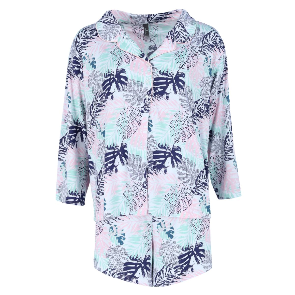 PJ Couture Women's Plus Tropic Palms Notch Collar Short Set