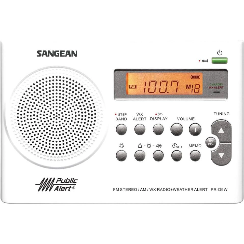 SANGEAN PR-D9W Portable AM/FM Radio with NOAA Weather Alerts and Built-In Battery Charger, White