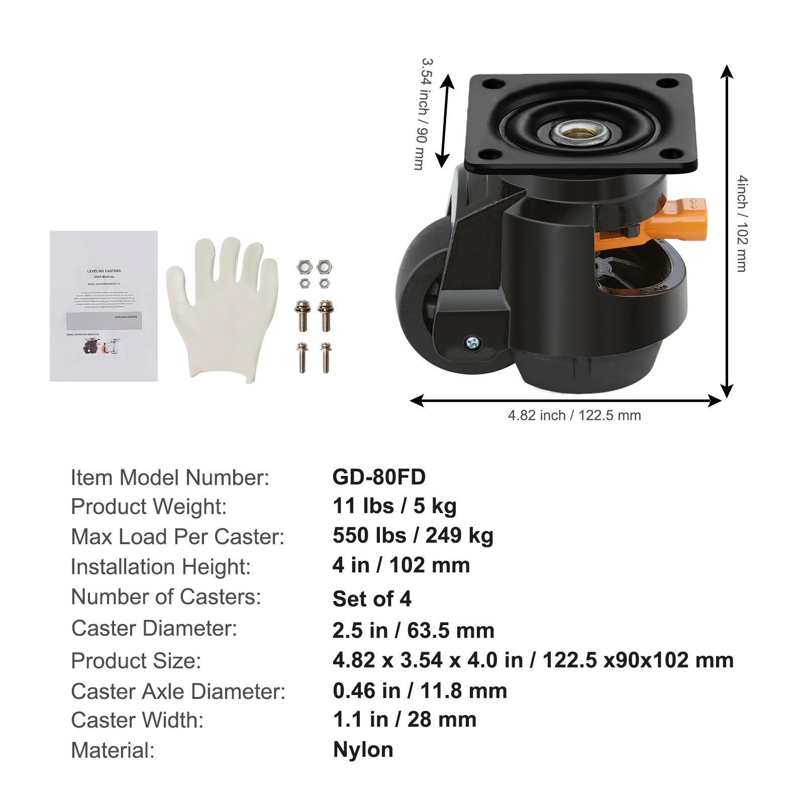 HONGGE 2.5-Inch Leveling Casters, Set of 4, Adjustable Swivel Wheels with Handle, 2200 lbs Capacity