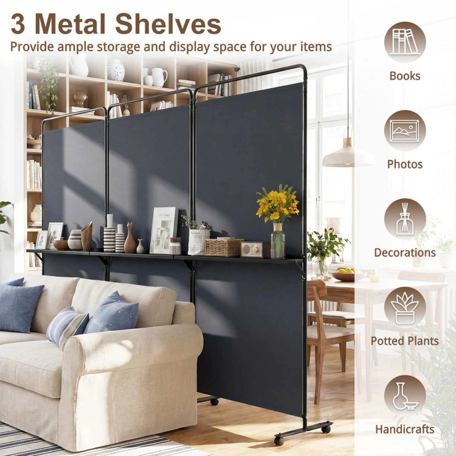 SUGIFT Gray 3-Panel Folding Room Divider Partition with 3 Shelves 8 Braked Wheels and 102-in Wide Span