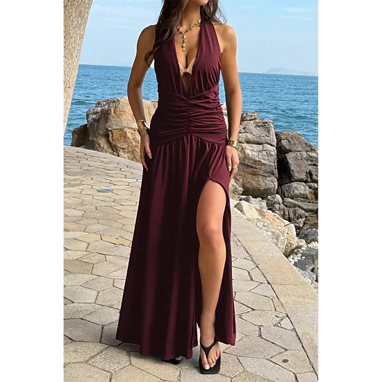 TRUEDAMES Women Halter Deep V Neck High Slit Ruched Maxi Dress