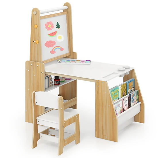 SUGIFT Kids Art Table and Chair Set with Easel, Whiteboard, Chalkboard ...