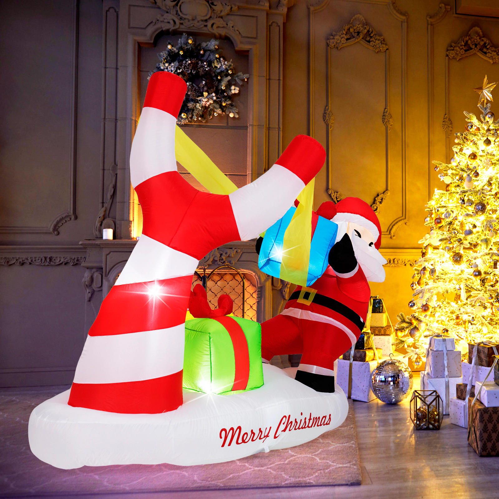 SUGIFT 7-ft Christmas Inflatable Santa with Slingshot Gift Boxes and 5 LED Lights for Blow Up Yard Decor