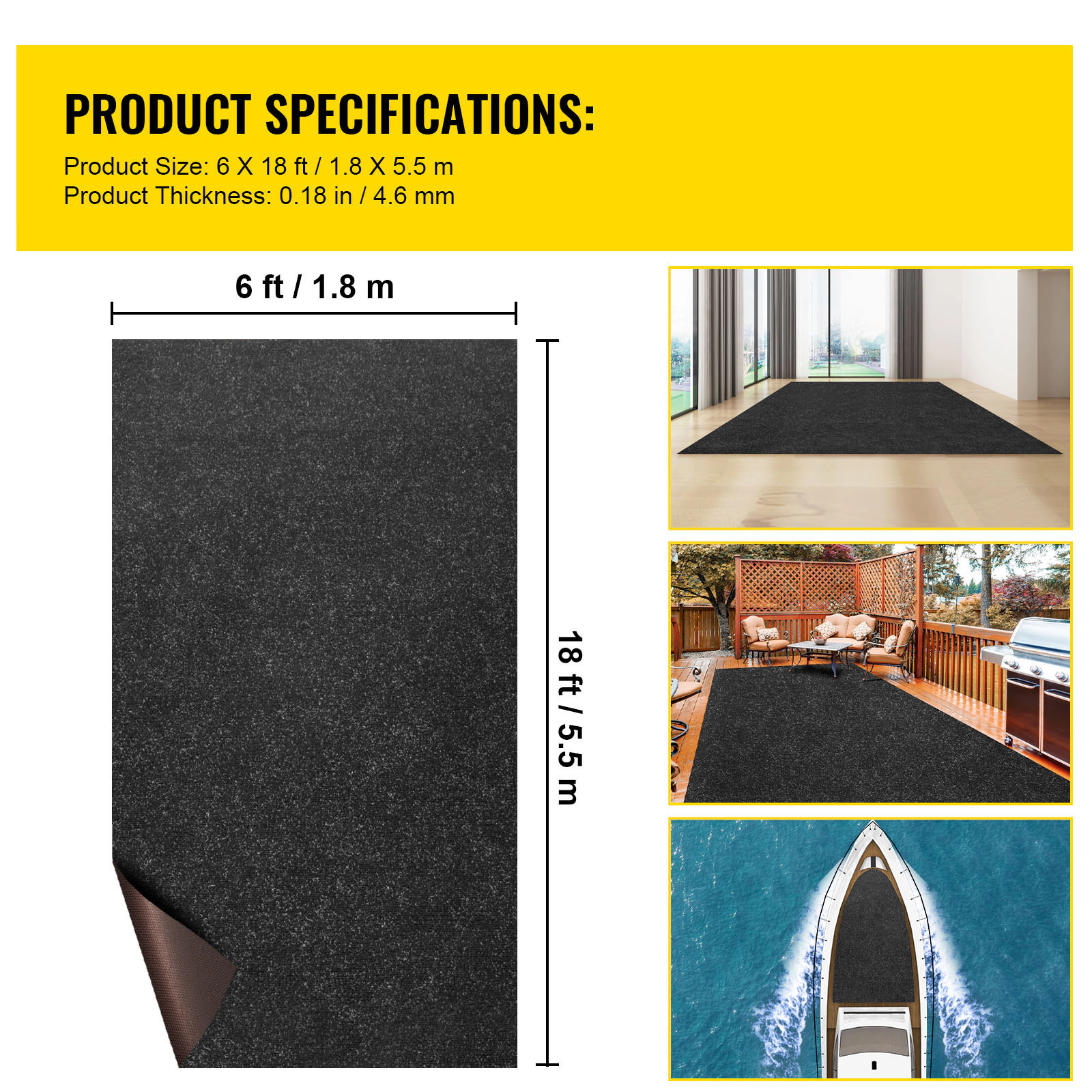 HONGGE Marine Carpet Boat Carpeting Charcoal Black Marine Grade Boat Carpet Indoor/Outdoor Marine Carpeting with