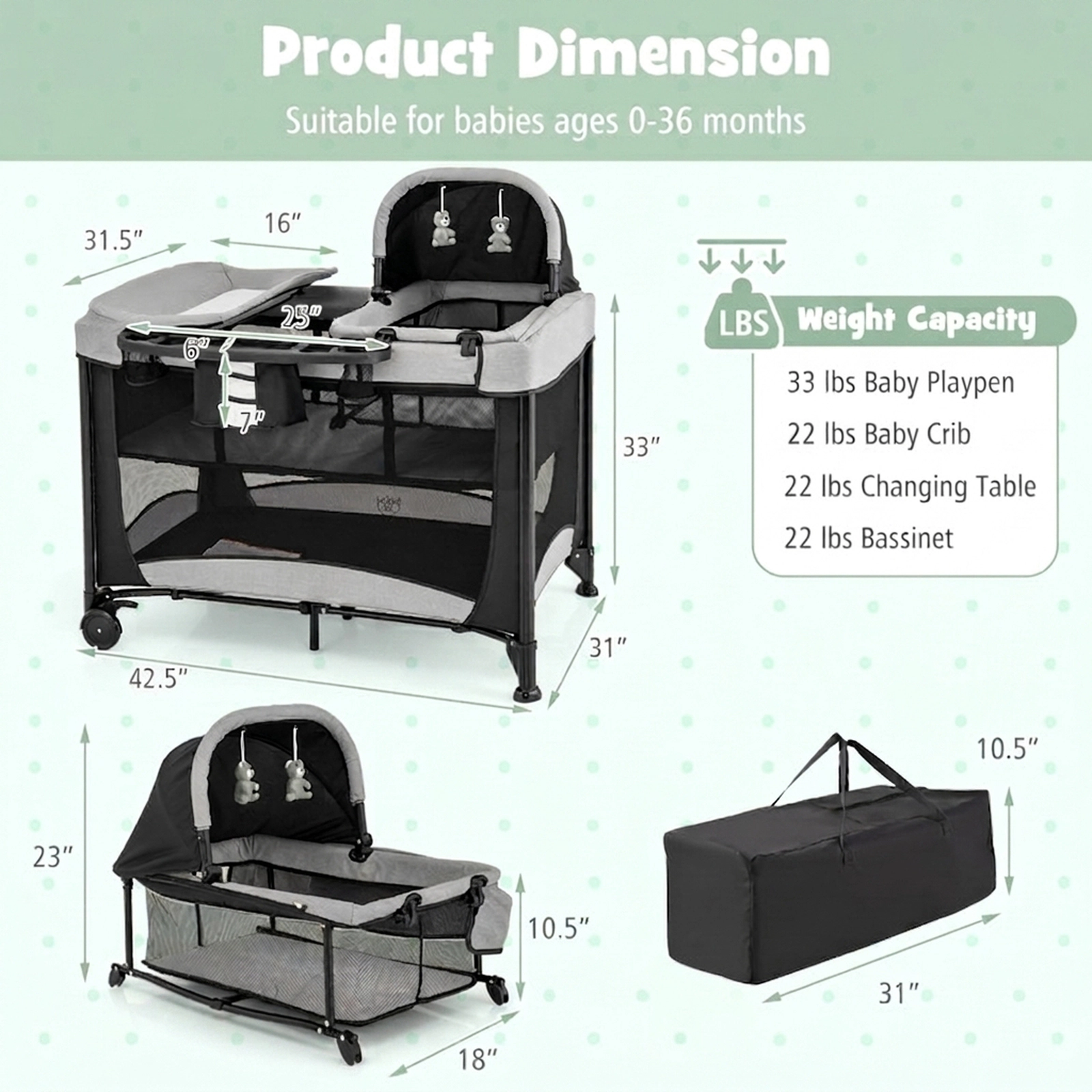 SUGIFT Baby 5-in-1 Removable Cradle Changing Table Storage Basket Playard 43.5-in x 31-in x 31-in 33-lb Capacity Black