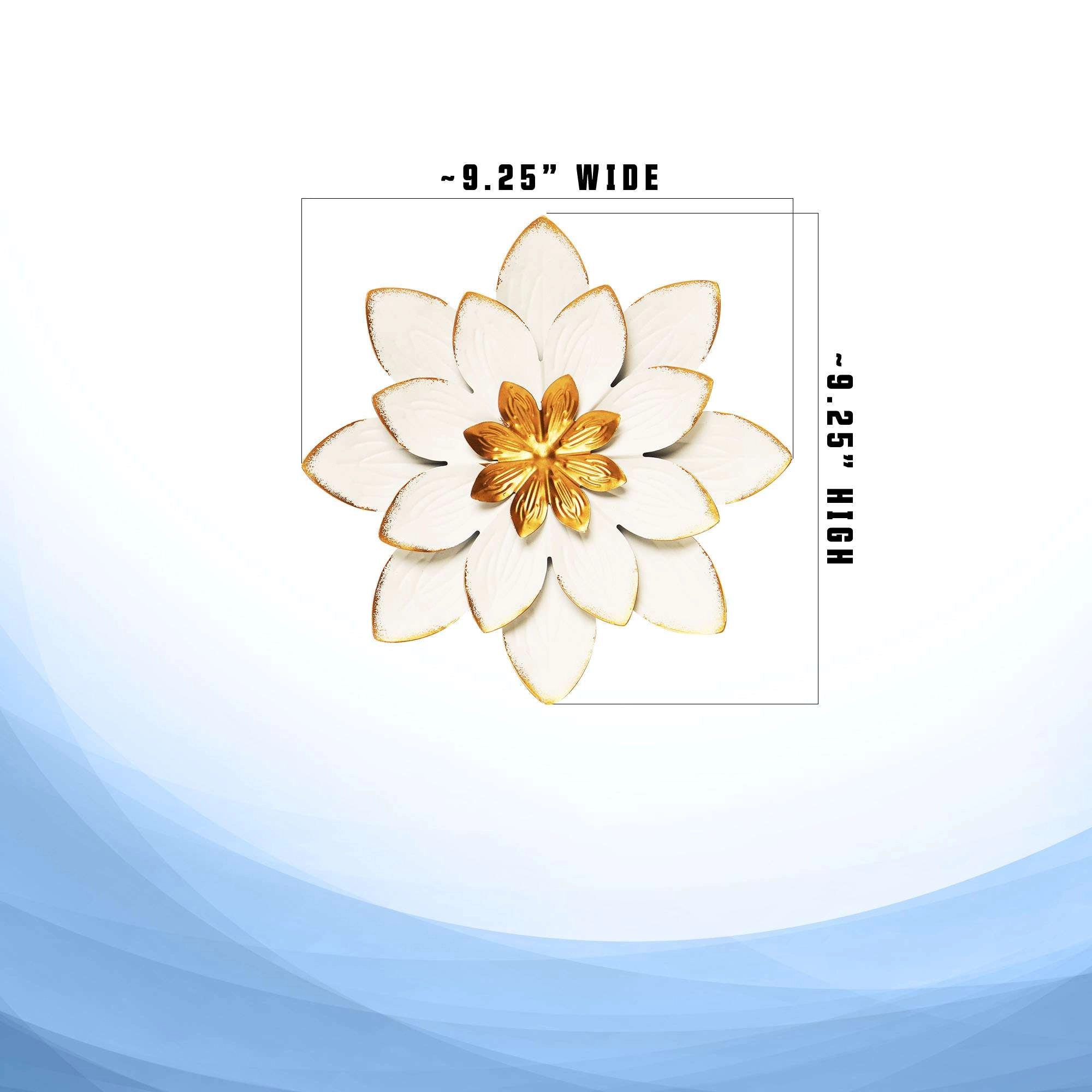 G128 9 in White and Gold Flower Metal Wall Art - Rustic Floral Wall Hanging for Indoor and Covered Outdoor Spaces