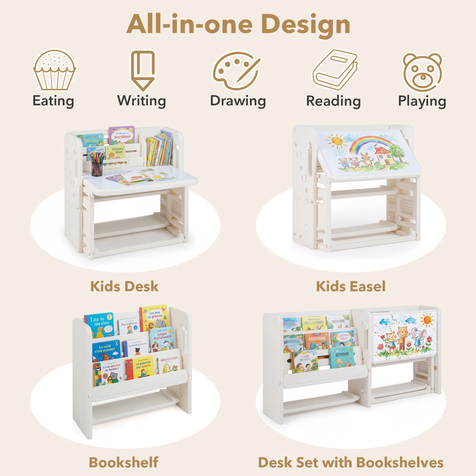 SUGIFT Kids Writing Desk and Chair Set with Tilting Desktop and Side Bookshelves 44-lb Tabletop Capacity Beige