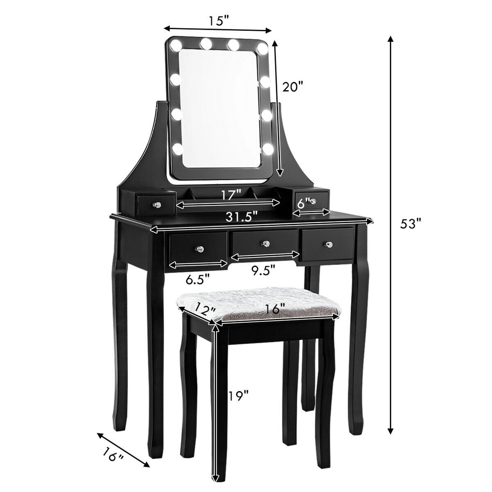 SUGIFT 10 Dimmable Bulbs 5 Drawers and Cushioned Stool Vanity Dressing Table Set