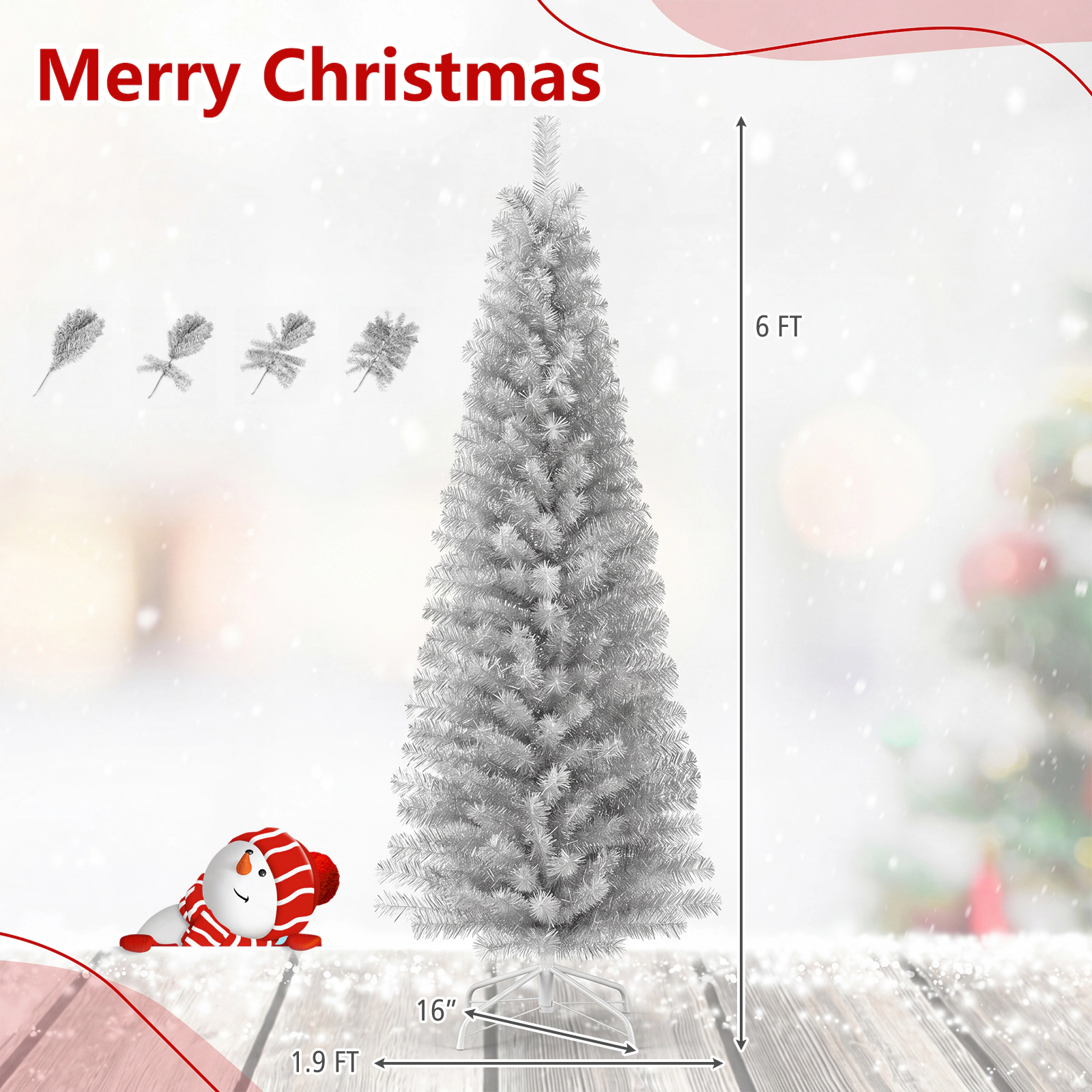 Costway 6 FT Artificial Christmas Tree Unlit Xmas Pencil Tree with 520 Branch Tips