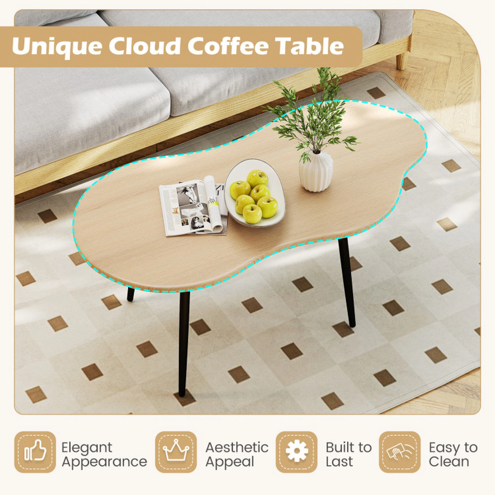 SUGIFT Cloud Shape Irregular Coffee Table 110-lb Capacity Natural