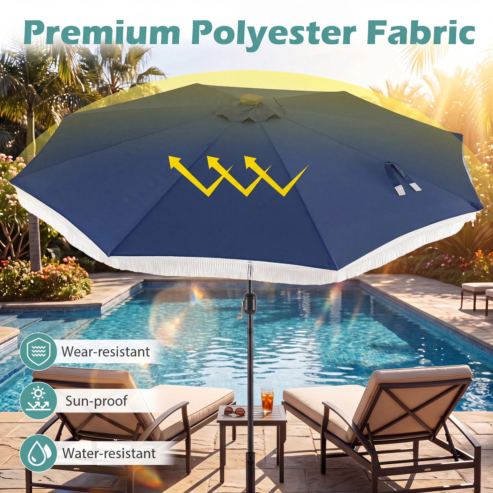 SUGIFT 10-ft Navy Blue Solar Patio Umbrella with 24 LED Lights Boho Tassel Fringe and Detachable Pole