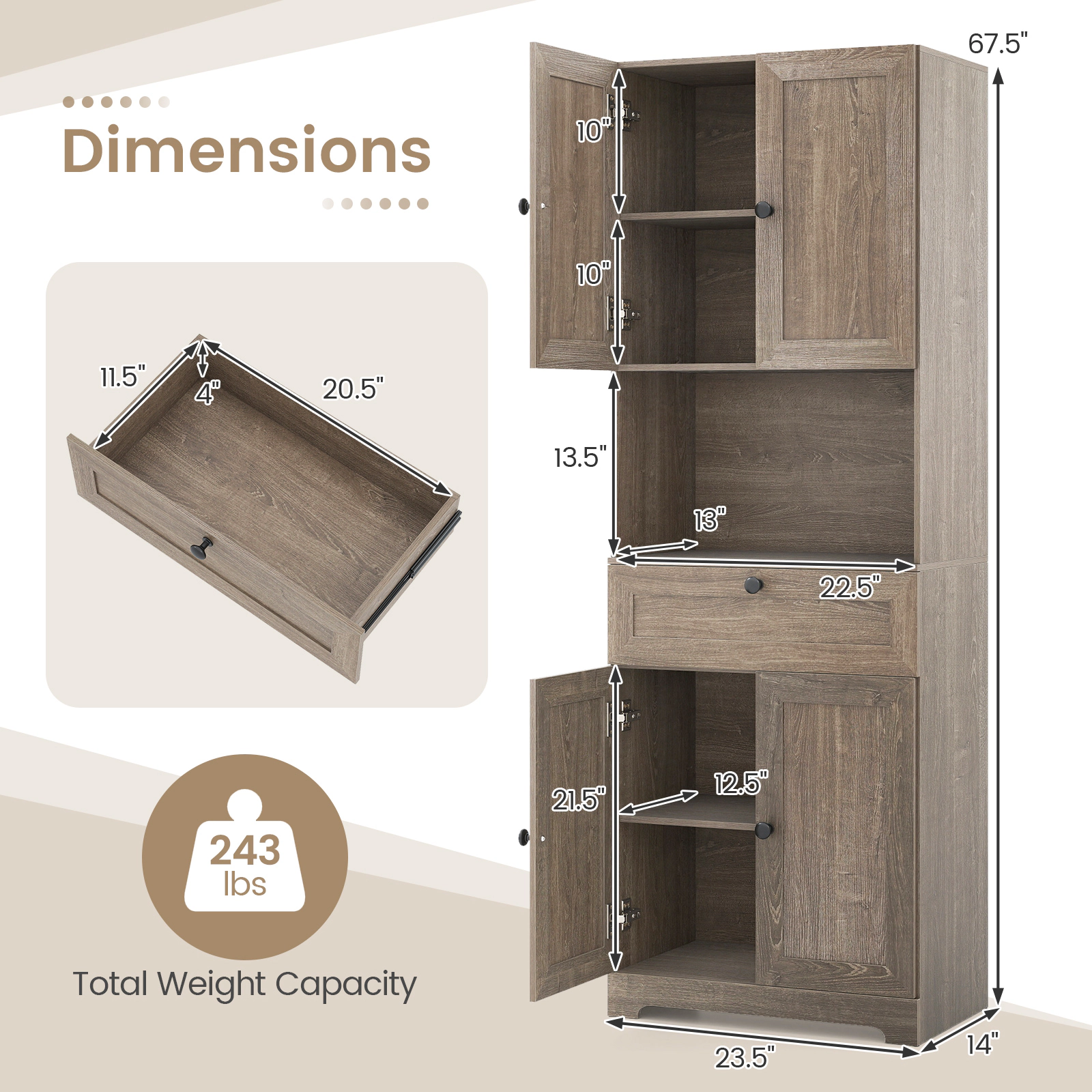 SUGIFT 4 Doors 1 Drawer Adjustable Shelf Tall Storage Cabinet 23.5-in x 14-in x 67.5-in 243-lb Capacity Gray Oak