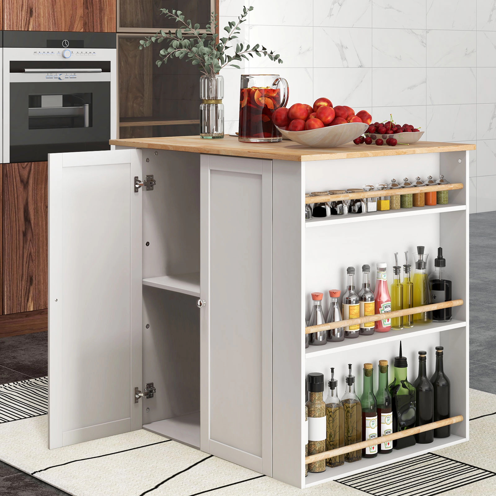 SUGIFT Modern Kitchen Island Prep Table with Rubber Wood Countertop 6 Spice Racks and Storage Shelves