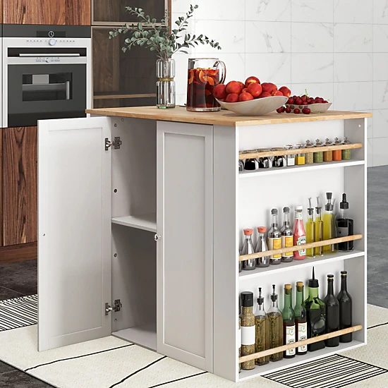 SUGIFT Modern Kitchen Island Prep Table with Rubber Wood Countertop 6 Spice Racks and Storage Shelves