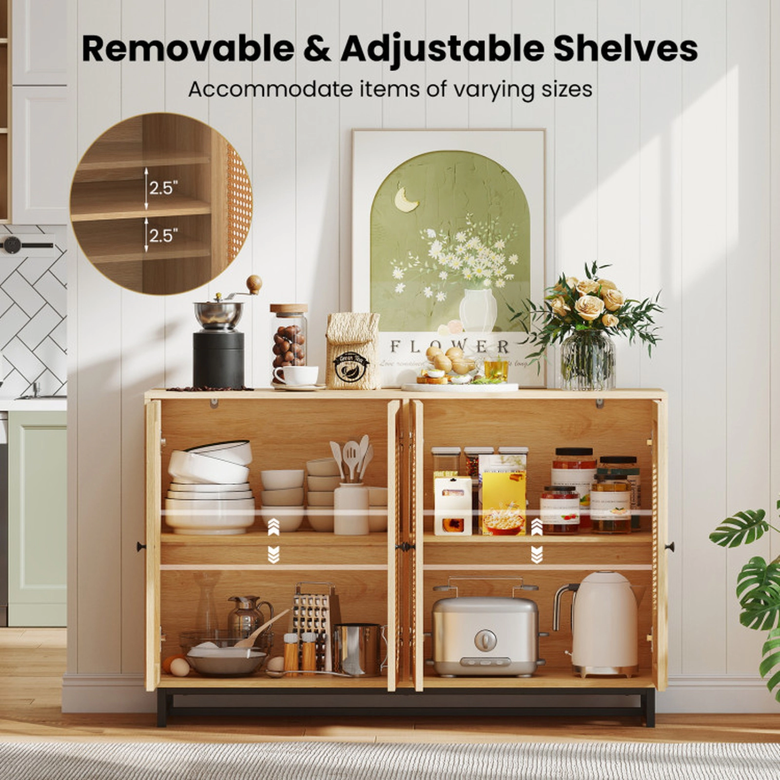 SUGIFT 4 PE Rattan Doors 2 Compartments Buffet Sideboard Cabinet 50-in x 16-in x 32-in 242-lb Capacity Natural