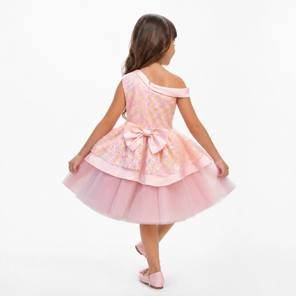 Faeella Girls Rosy Bloom Off-Shoulder Sequin Birthday Dress