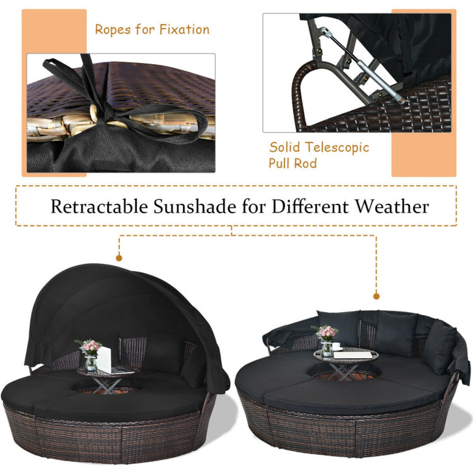 SUGIFT Outdoor Round Daybed with Retractable Canopy 705-lb Capacity Black/Turquoise/Off White