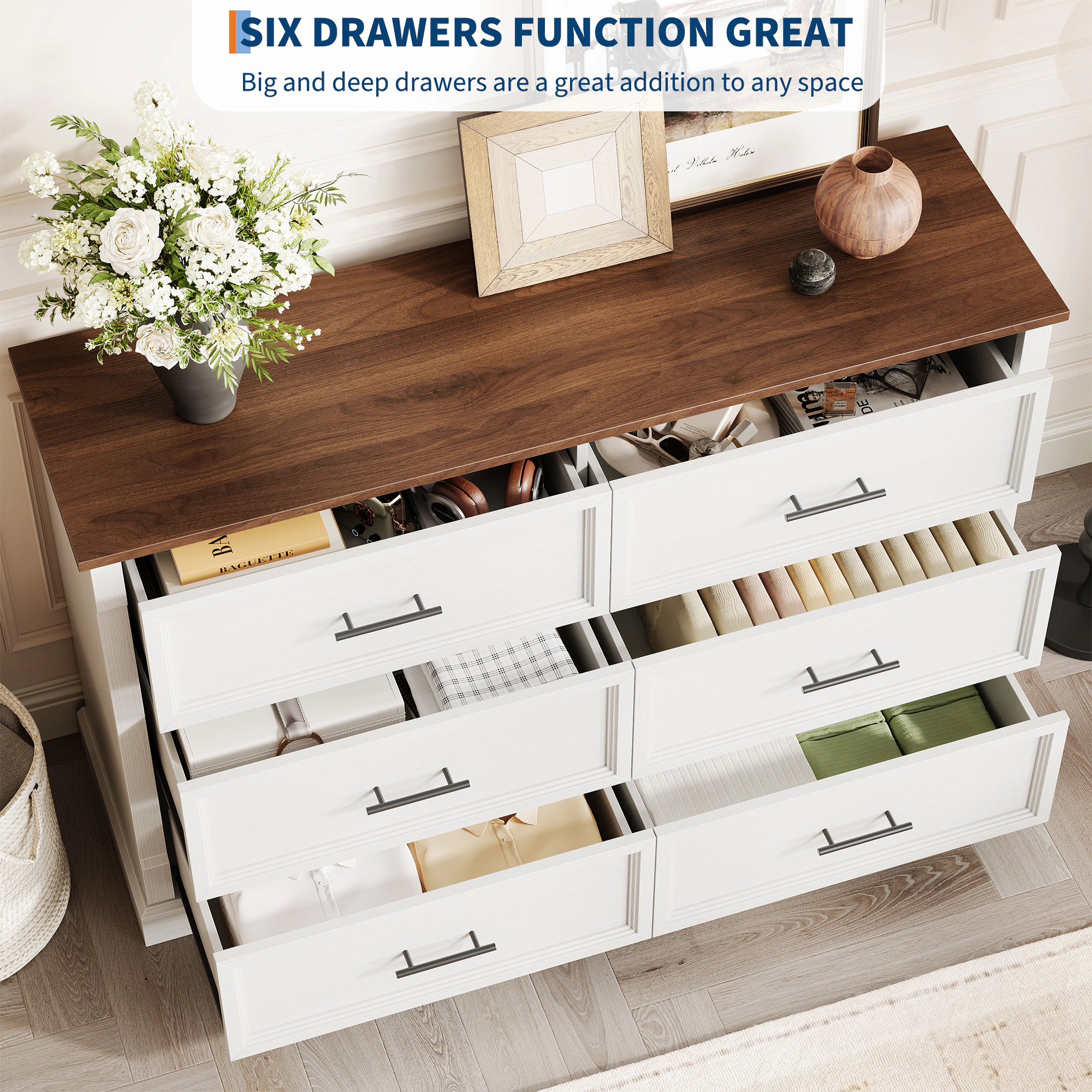 Farmhouse 6 Drawer Dresser for Bedroom, Rustic Wood Chest with Metal Handles, Large Organizer