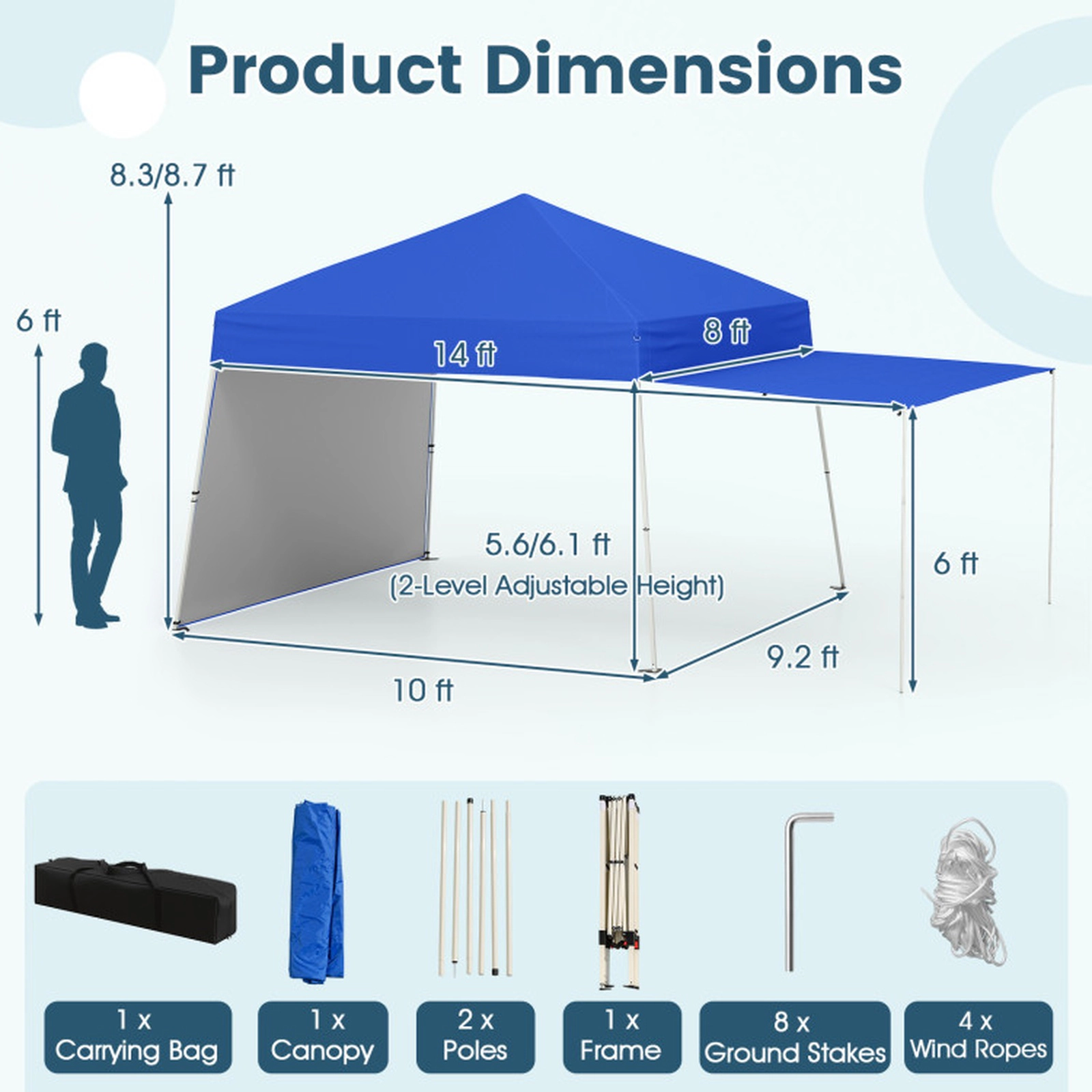 SUGIFT 14 x 9.2ft Pop Up Gazebo Canopy Tent with 2 Convertible Sidewalls to Awning and Stakes 30-lb Net Weight Blue