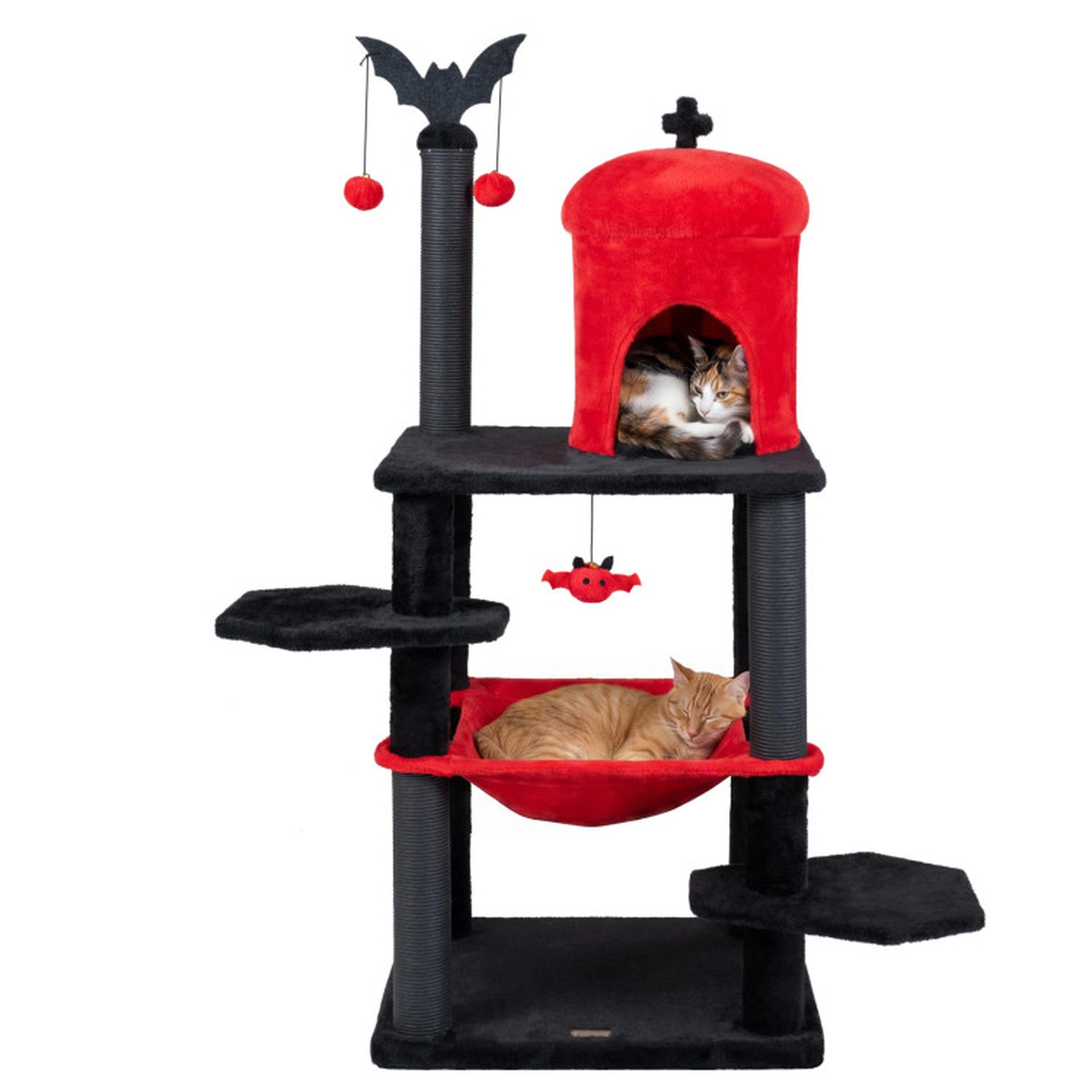 SUGIFT 51-in Gothic Multi-level Cat Tree with Spider Hanging Toy 22-lb Capacity Halloween Red & Black