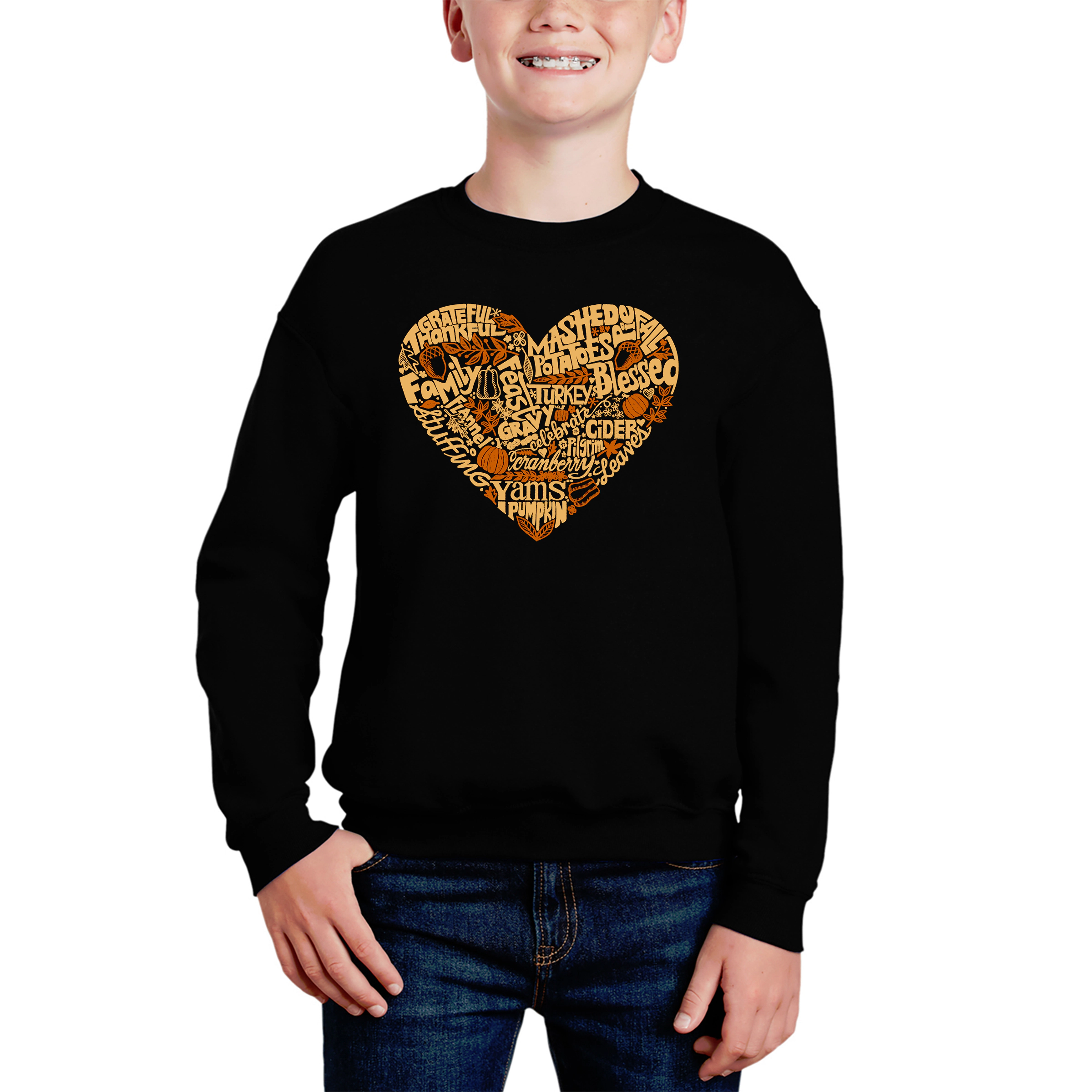 LA Pop Art Boy's Word Sweatshirt - Thanksgiving Heart