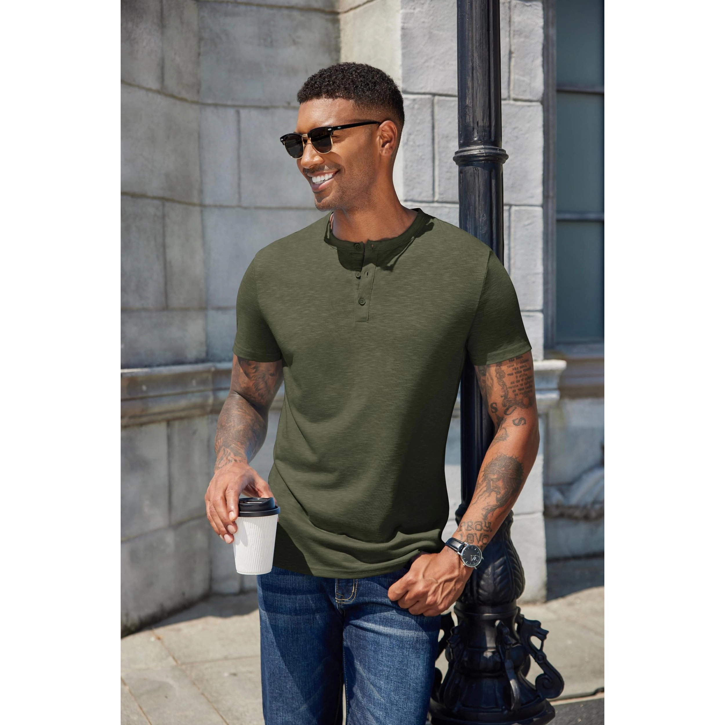 COOFANDY Mens Casual Short Sleeve Henley Shirt Button Placket Crew Neck Solid Tee