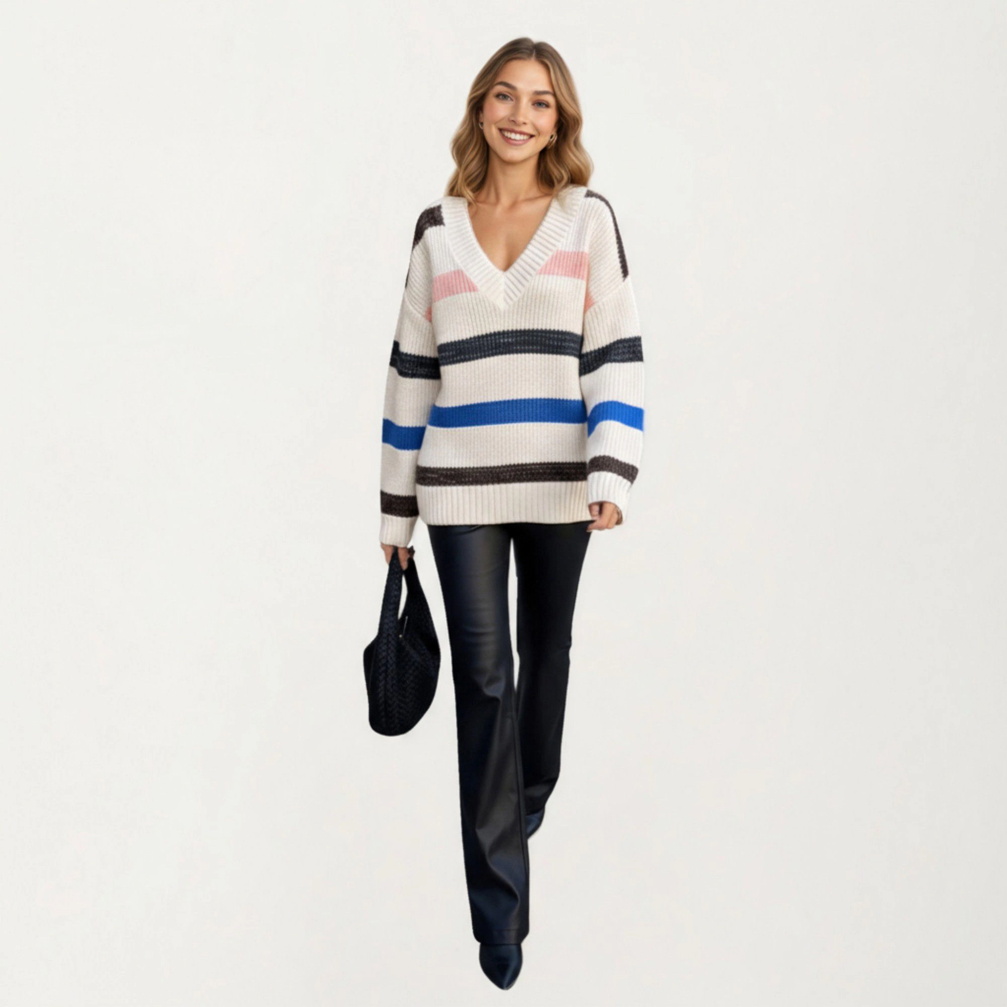 Anna-Kaci Women's Long Sleeve V-Neck Ribbed Knit Sweater with Multicolor Stripes