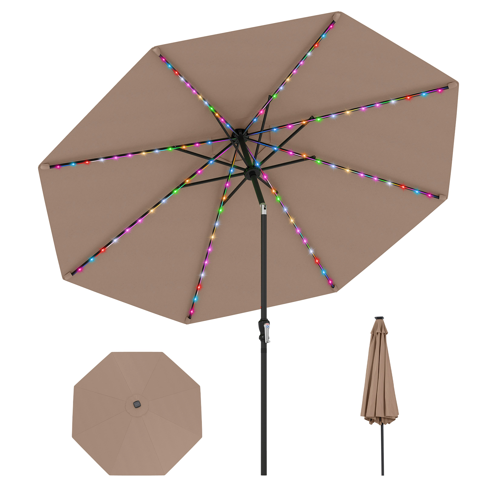 SUGIFT 10 ft Coffee Solar Market Patio Umbrella, 96 LED Lights, 9 Modes, Crank Lift and Push-Button Tilt