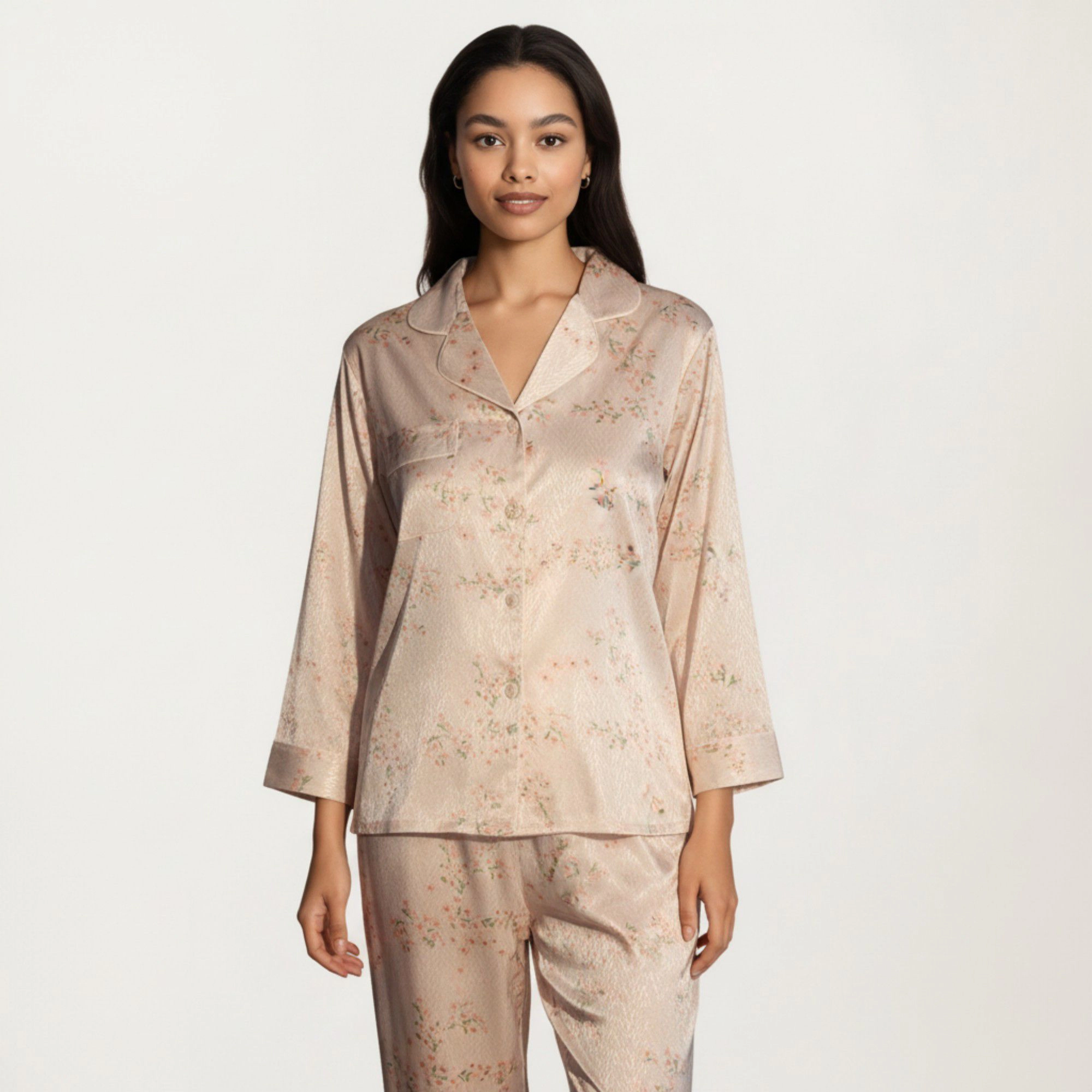 Anna-Kaci Women's 2-Piece Floral Satin Pajama Top and Relaxed Fit Pants with Smooth Finish Soft Collar Detail