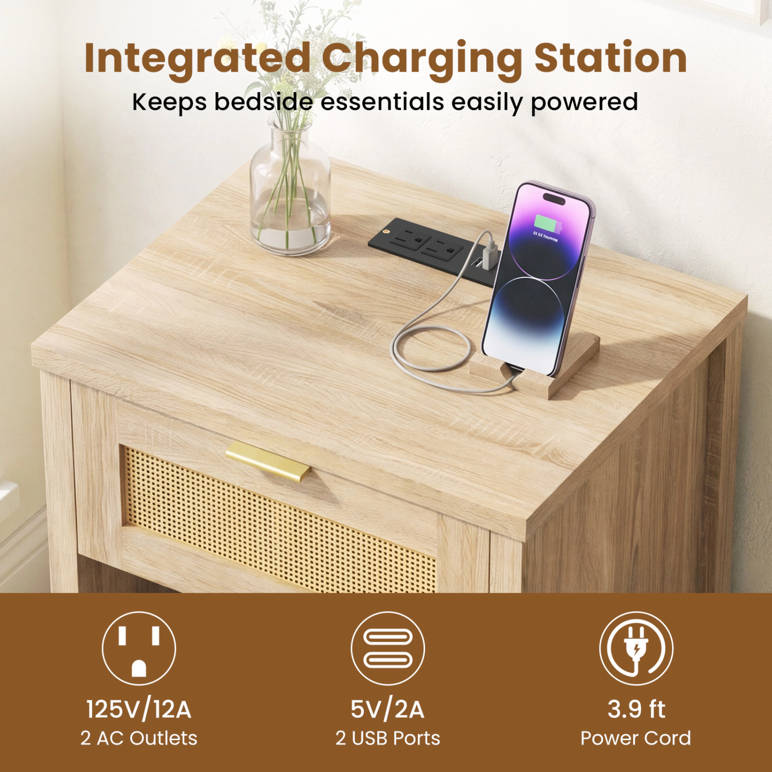 Hivvago Rattan Nightstand with Charging Station and Storage Shelf for Bedroom