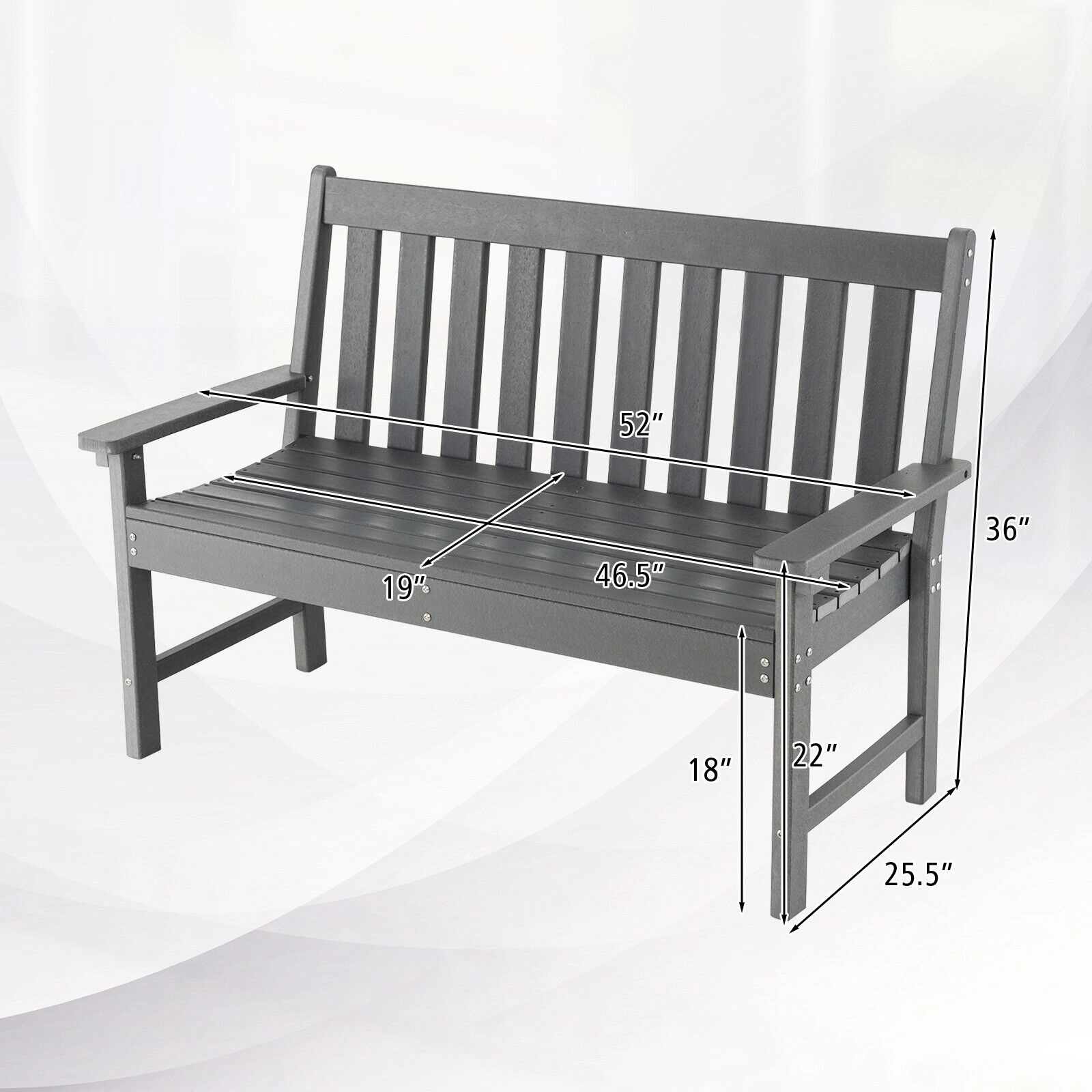SUGIFT 52-in All-Weather HDPE Outdoor Bench with Backrest and Armrests 705-lb Capacity 52 x 25.5 x 36 in Gray