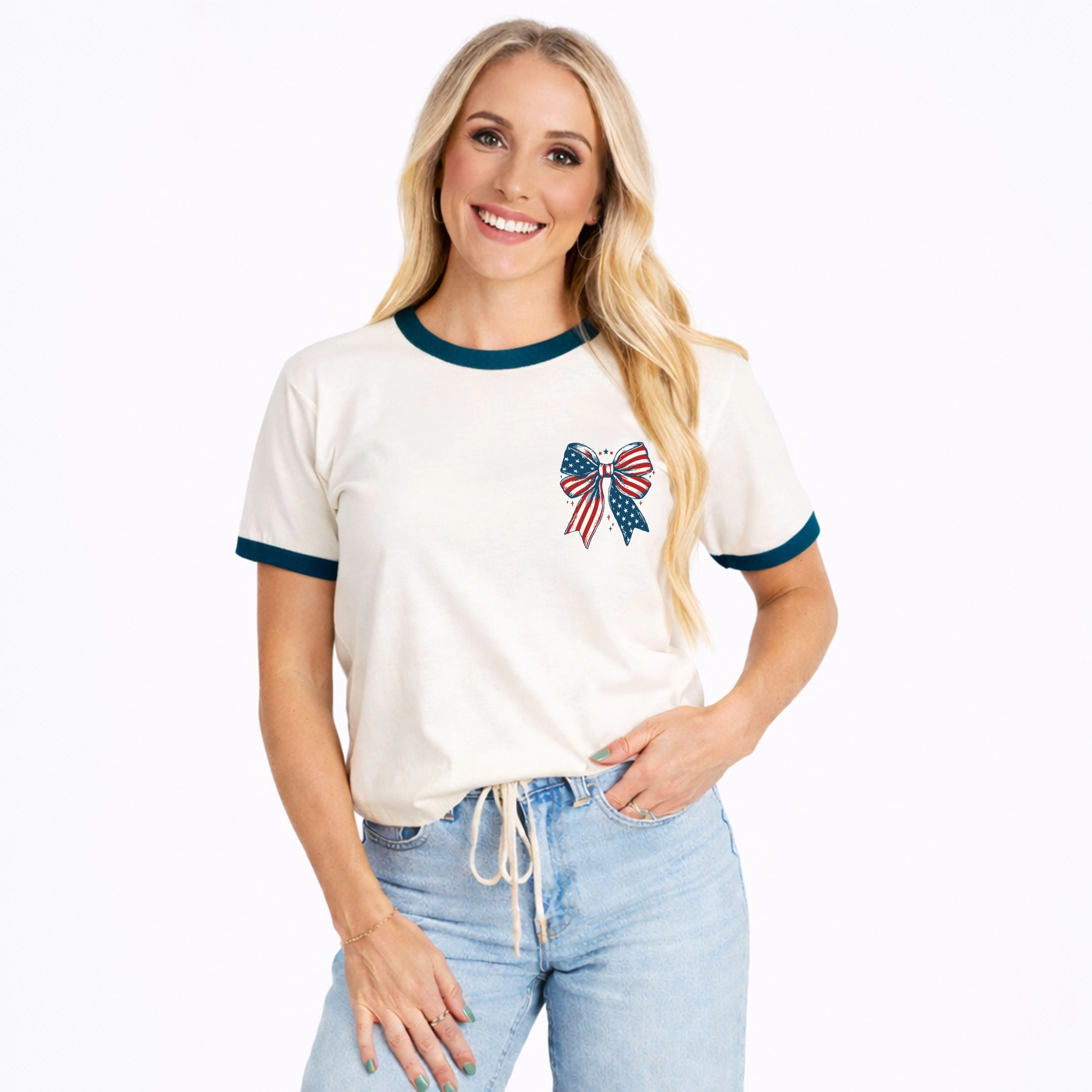 Simply Sage Market - Patriotic Bow Stars Women's Ringer Graphic T-Shirt