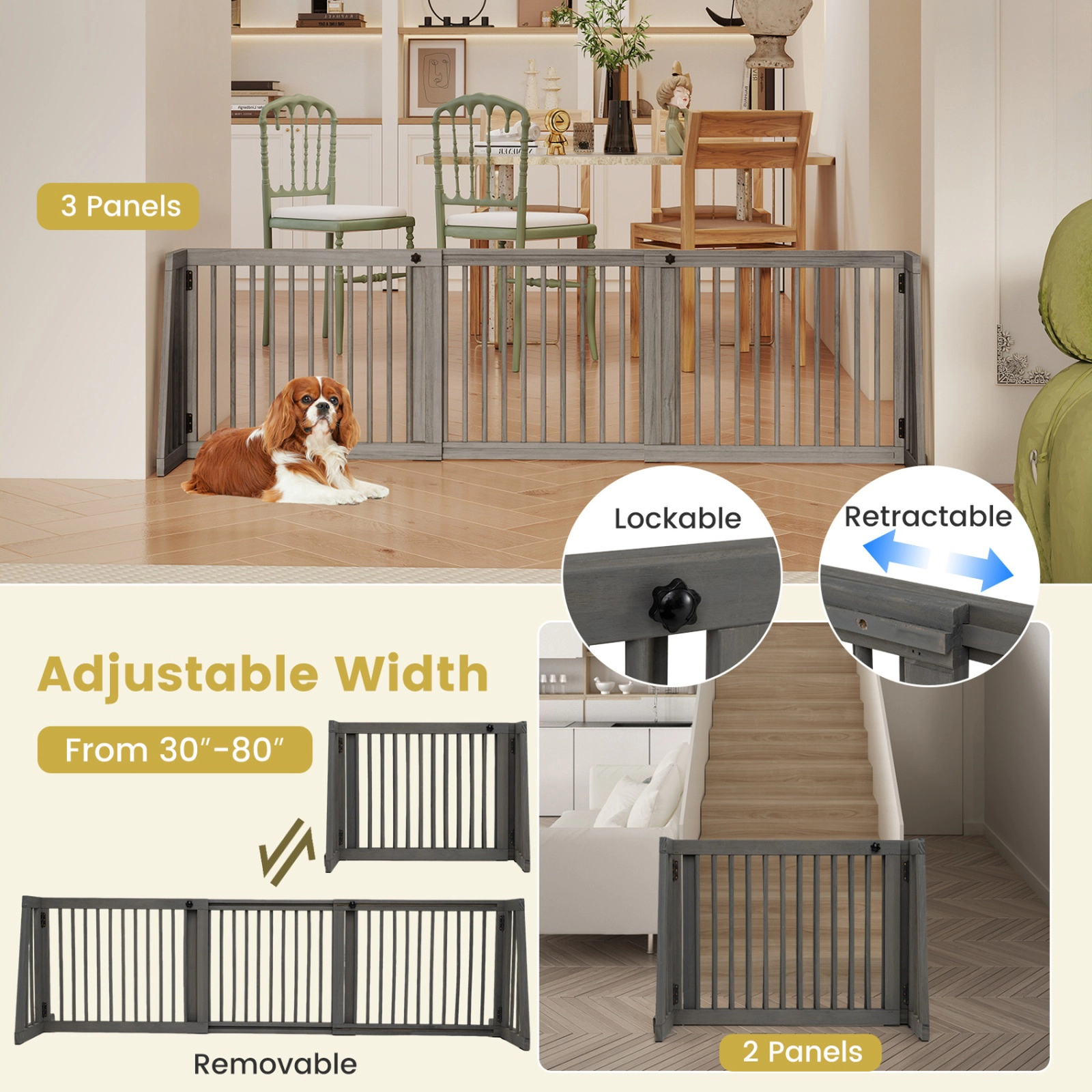 SUGIFT Folding Adjustable Free Standing 3 Panel Pine Wood Pet Gate 80-in Wide 22-in Tall Brown/Gray