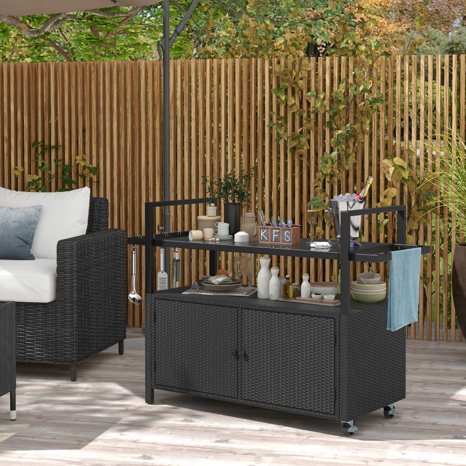 SUGIFT Outdoor Wicker Buffet Serving Bar Cart 2-Door Cabinet 8 Hooks 100-lb Capacity 51 x 19.5 x 35.5-in Black