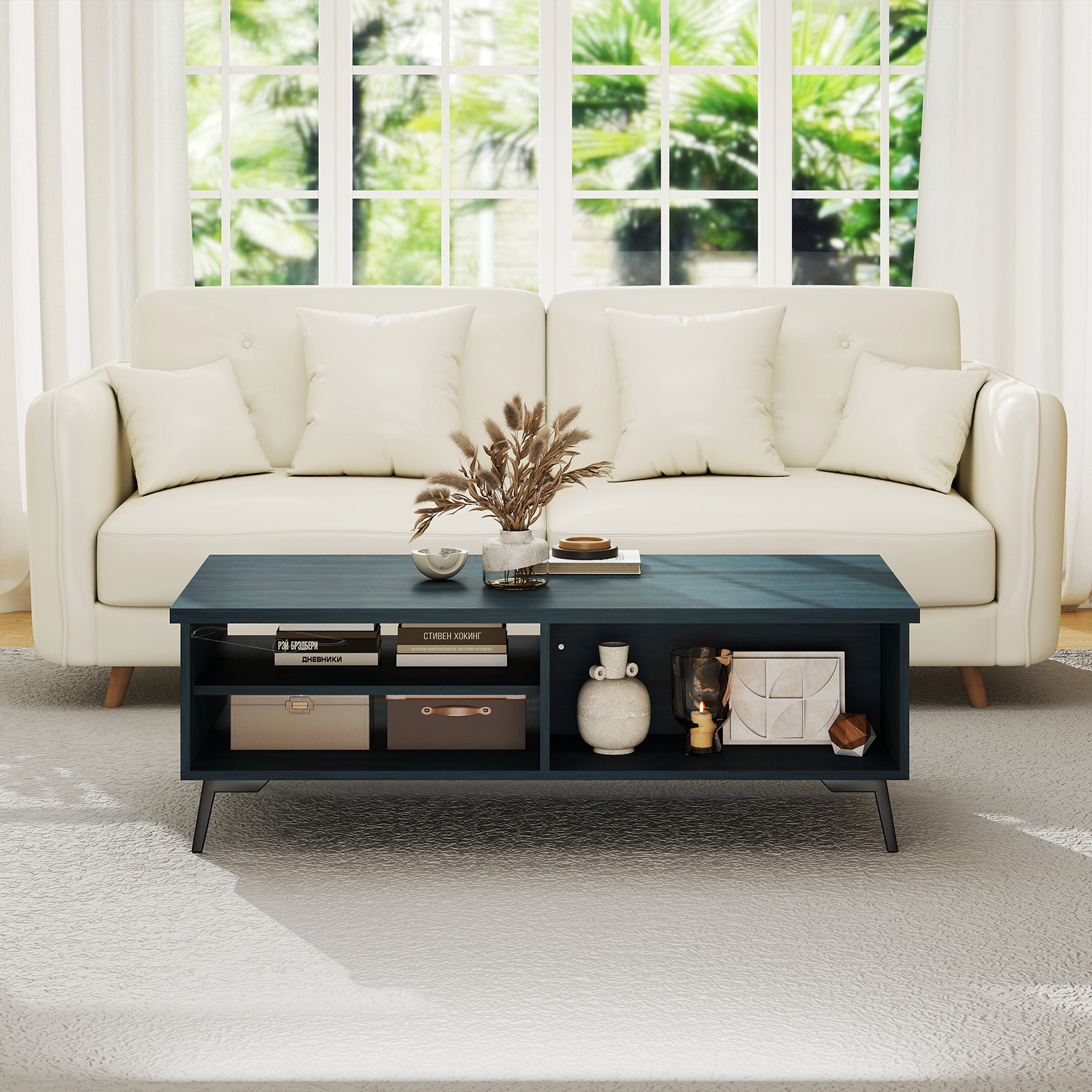 LJG 2-Tier Mid Century Modern Coffee Table with Storage Shelves Compartments
