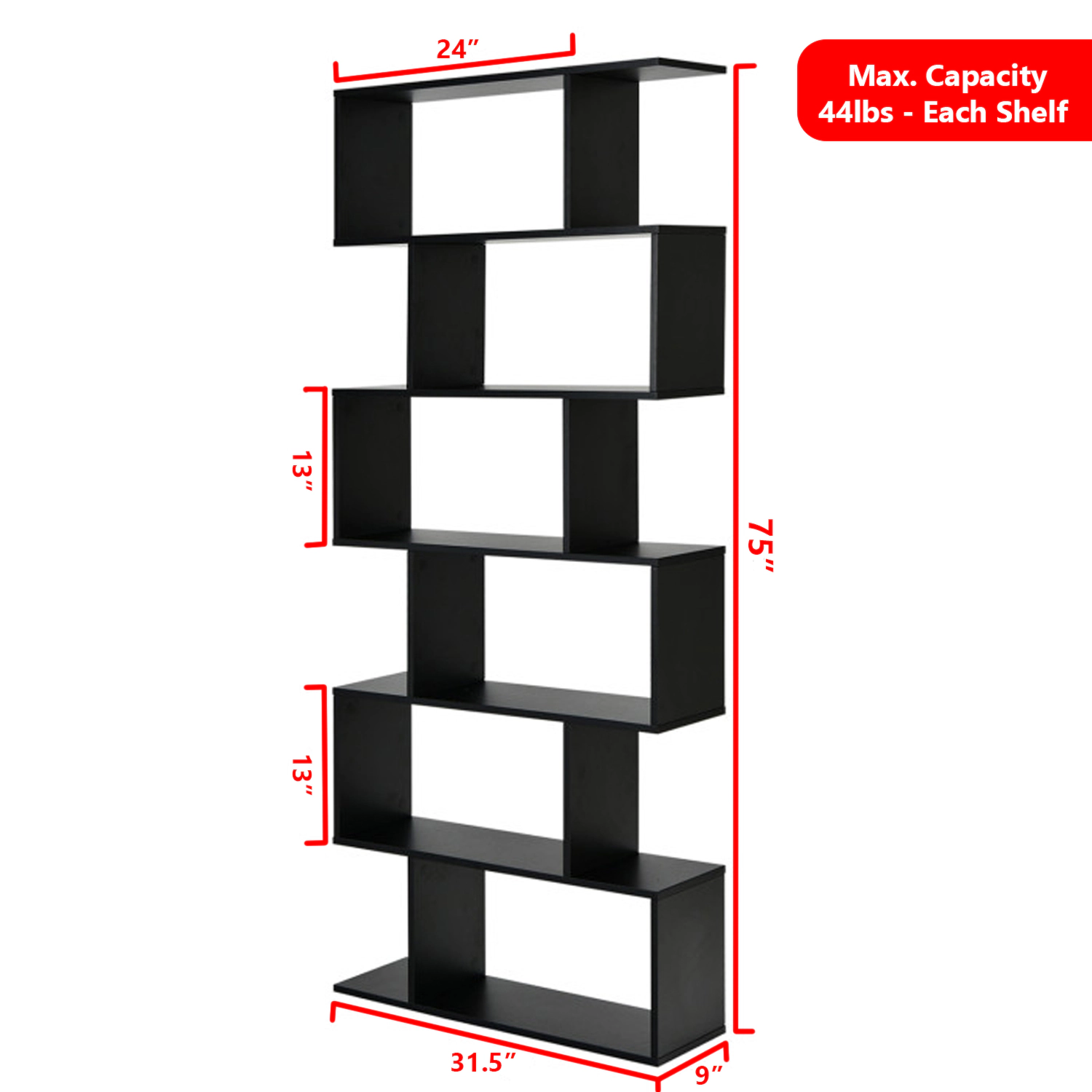 Hivvago Modern S-Shape Bookcase with 6 Spacious Display Shelves