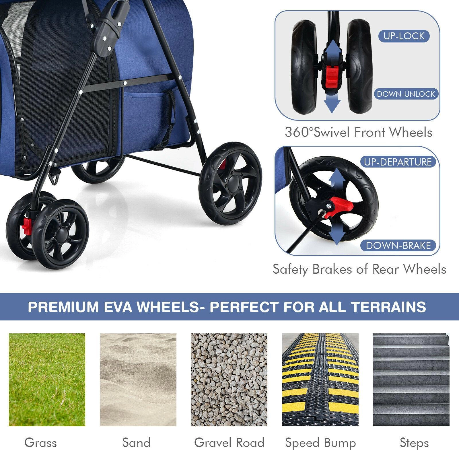 SUGIFT Blue 4-in-1 Double Decker Pet Stroller with 2 Detachable Carriers 20-in W 27-in D 41.5-in H 17-lb Per Deck