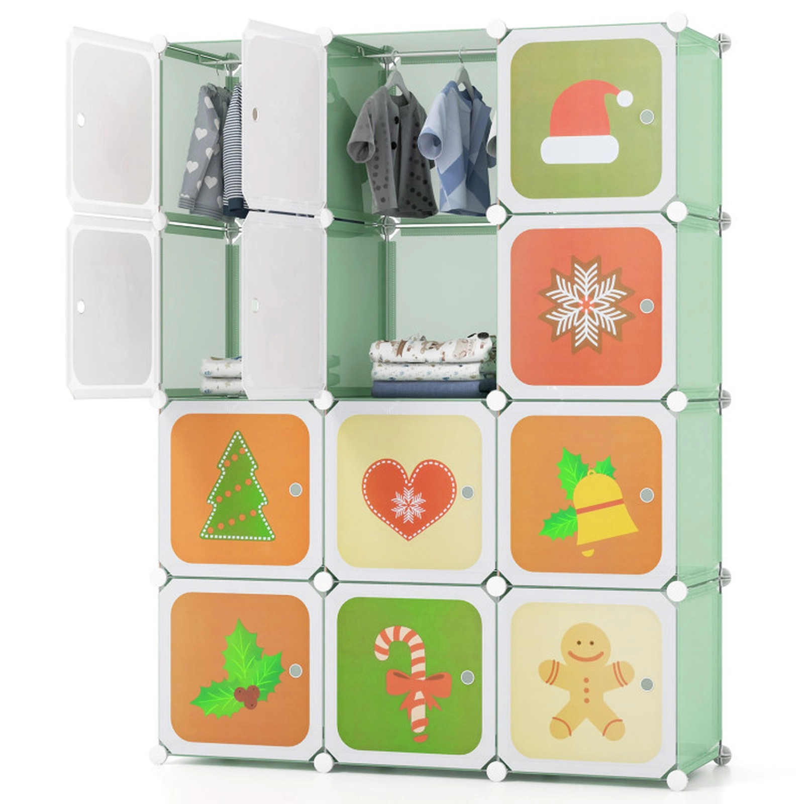 SUGIFT Kids 12-Cube Holiday Print Doors Hanging Section Wardrobe Closet 43-in x 14-in x 57-in 22-lb per Cube Green