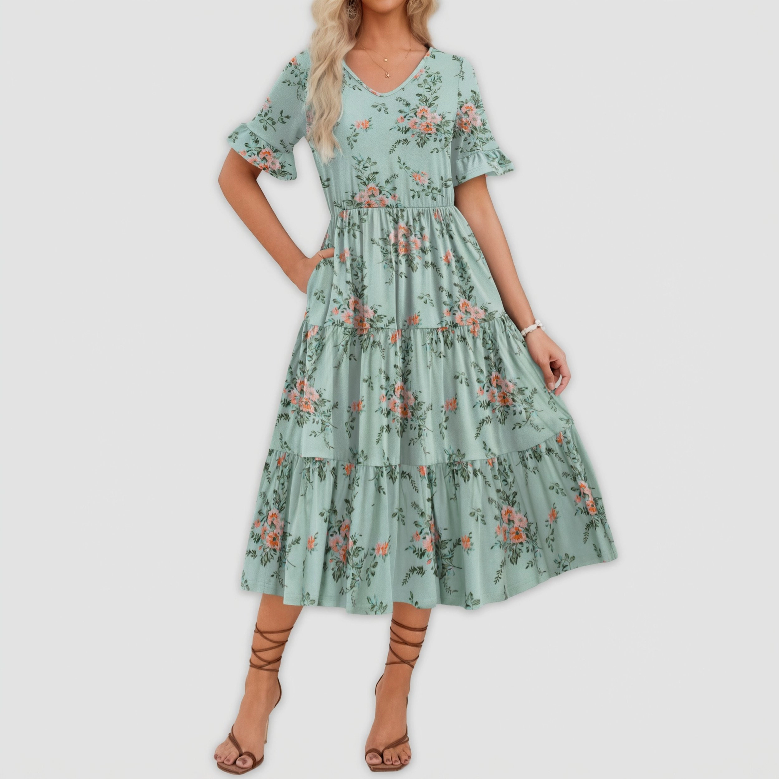 Zeagoo Women's V Neck Ruffle Sleeve Midi Dress
