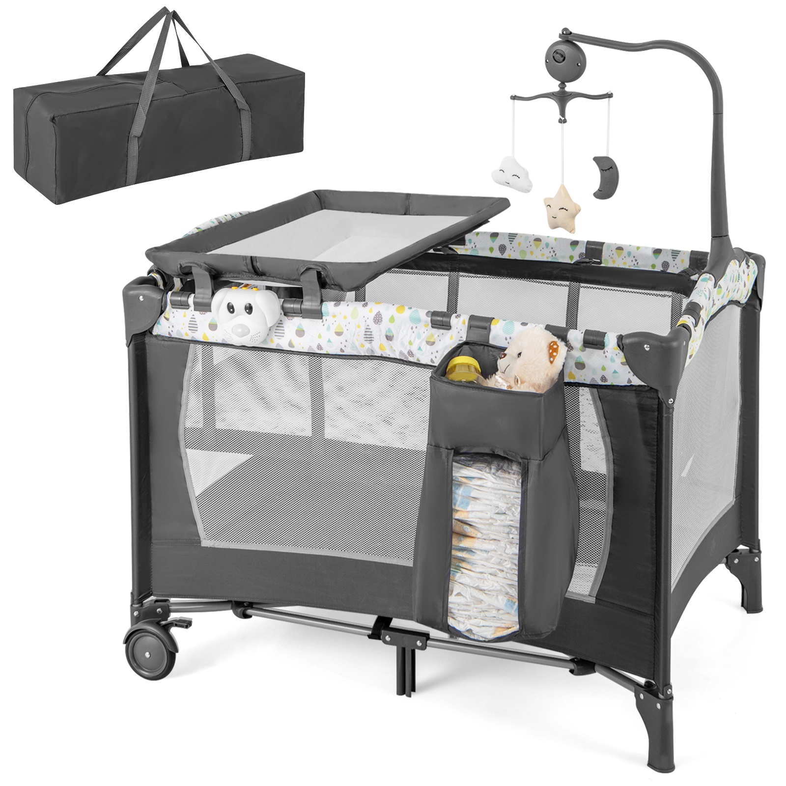 SUGIFT Baby 3-in-1 Bassinet Changing Table Carry Bag Portable Playard 40-in x 28.5-in x 29-in 33-lb Capacity Beige