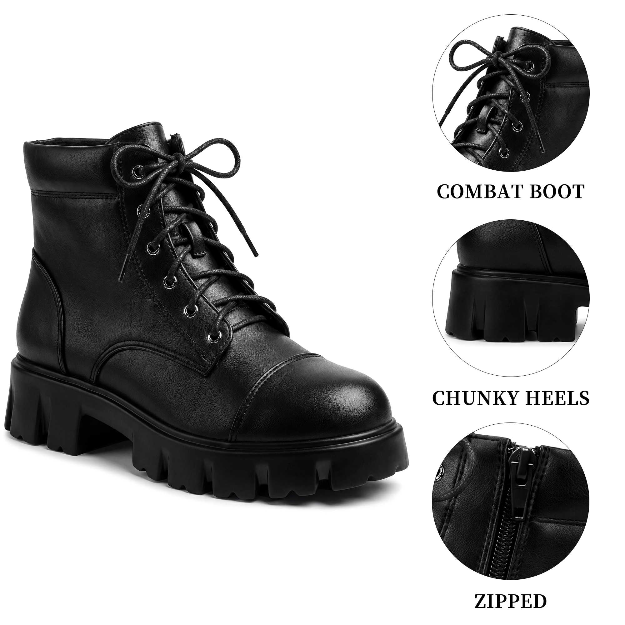 BLISSFUL STEP Lace Up Ankle Boot Platform Chunky Heel Combat Boots for Women